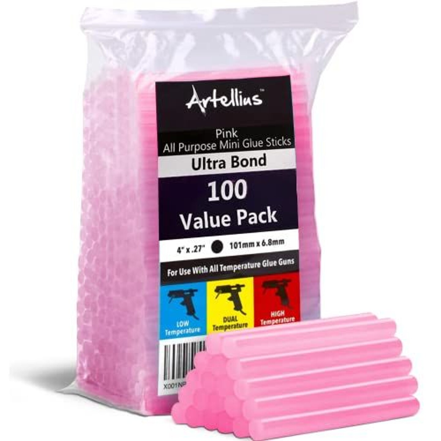 Artellius 100 Pack Hot Glue Sticks 4" x.27" - Ultra Bond Hot Melt Adhesive Mini Glue Sticks for All temperature, Pink Glitter