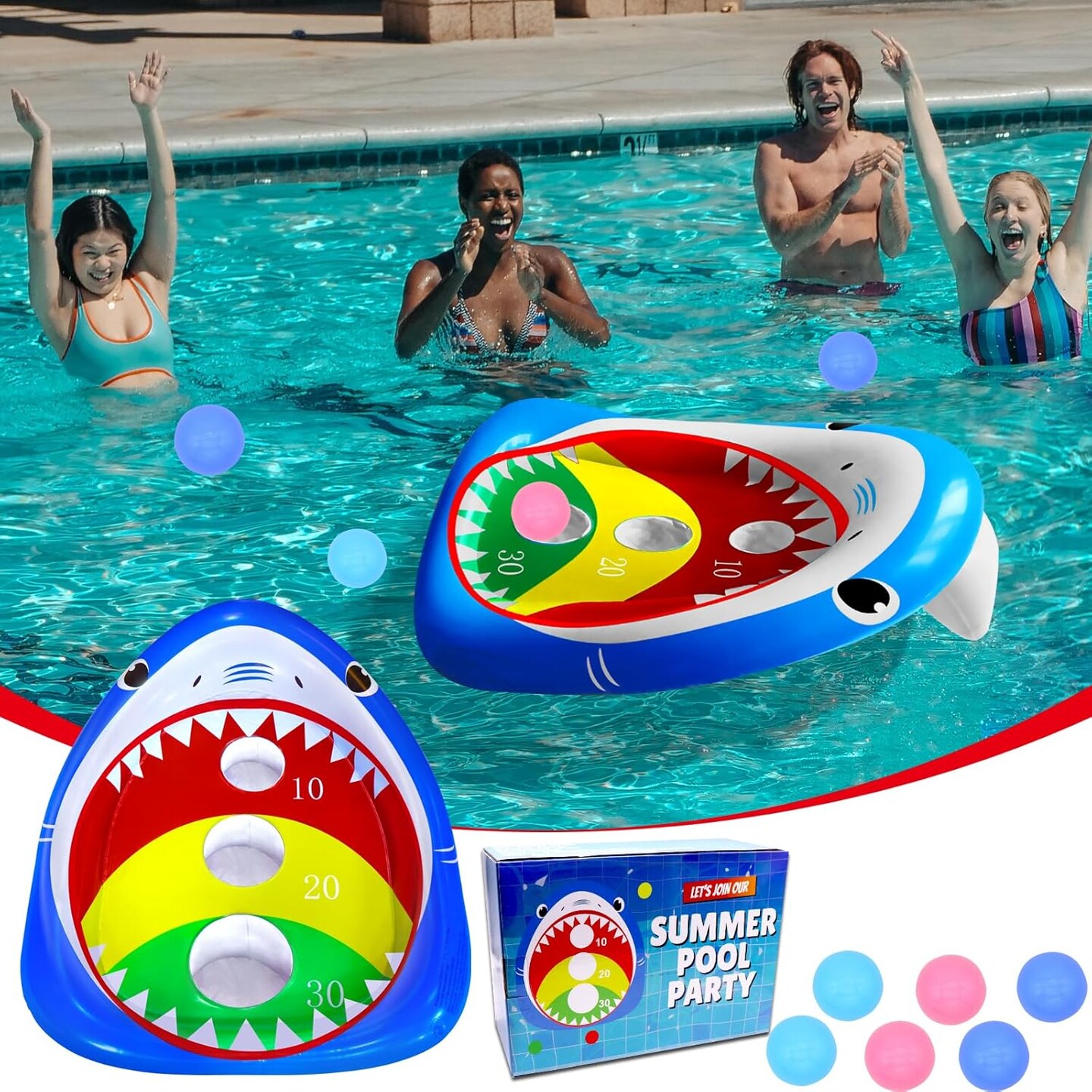 Pool Shark Cornhole Board Games Toys Set, Summer Inflatable Shark Floating Swimming Pool Ring Toss Toys for Kids Adults Family for Pool Party Water Carnival