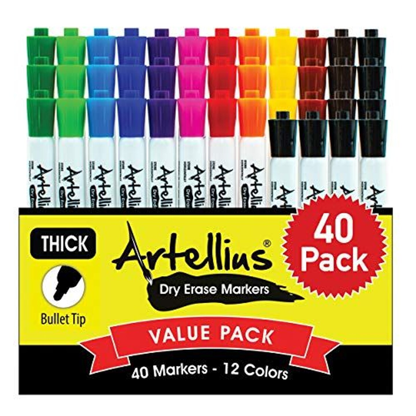 Artellius 40 Pack of Dry Erase Markers (12 ASSORTED COLORS W/ 7 EXTRA BLACK) - Thick Barrel Design - Perfect Pens For Writing on Whiteboards, Dry-Erase Boards, Mirrors, &#x26; All White Board Surfaces