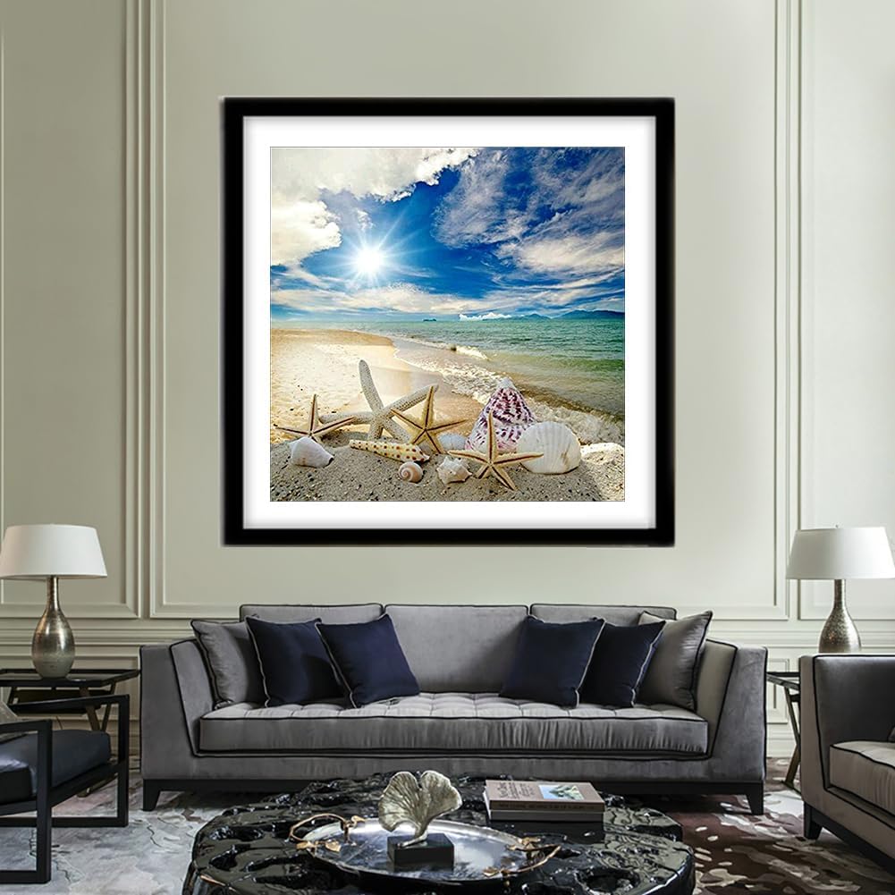 Seaside Beach Diamond Painting Kits for Adults,Starfish Seashell Diamond Painting Kits Ocean Theme, Beach Landscape Diamond Art,Ocean Diamond Art Perfect for Home Wall Decor(14x14in), white