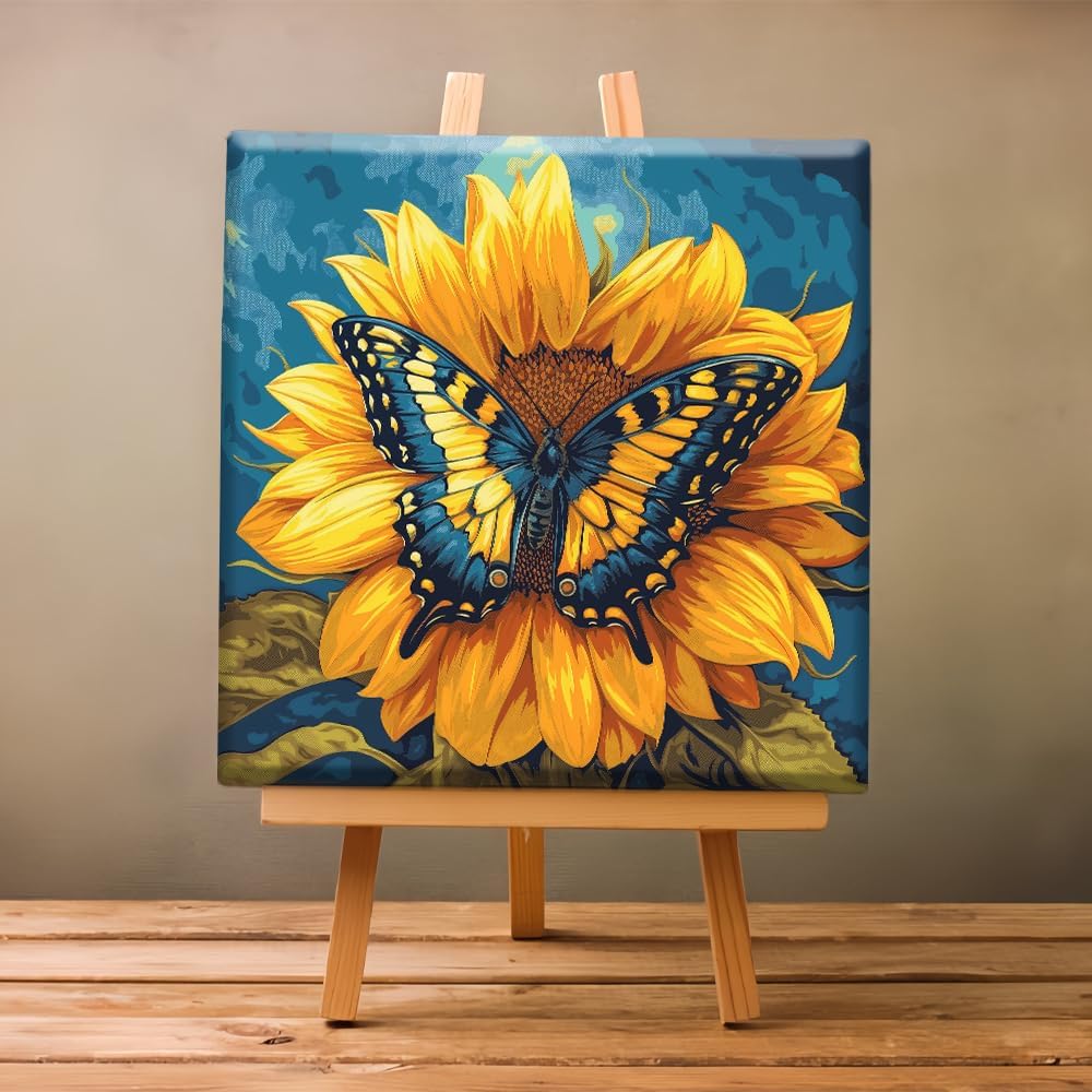 Framed Paint by Numbers on Canvas Flowers Acrylic Paint by Numbers Kits for Adults Beginner Butterfly on Sunflower Pictures Painting Kits Ideal Gift Home Wall Decor 12x12 Inch