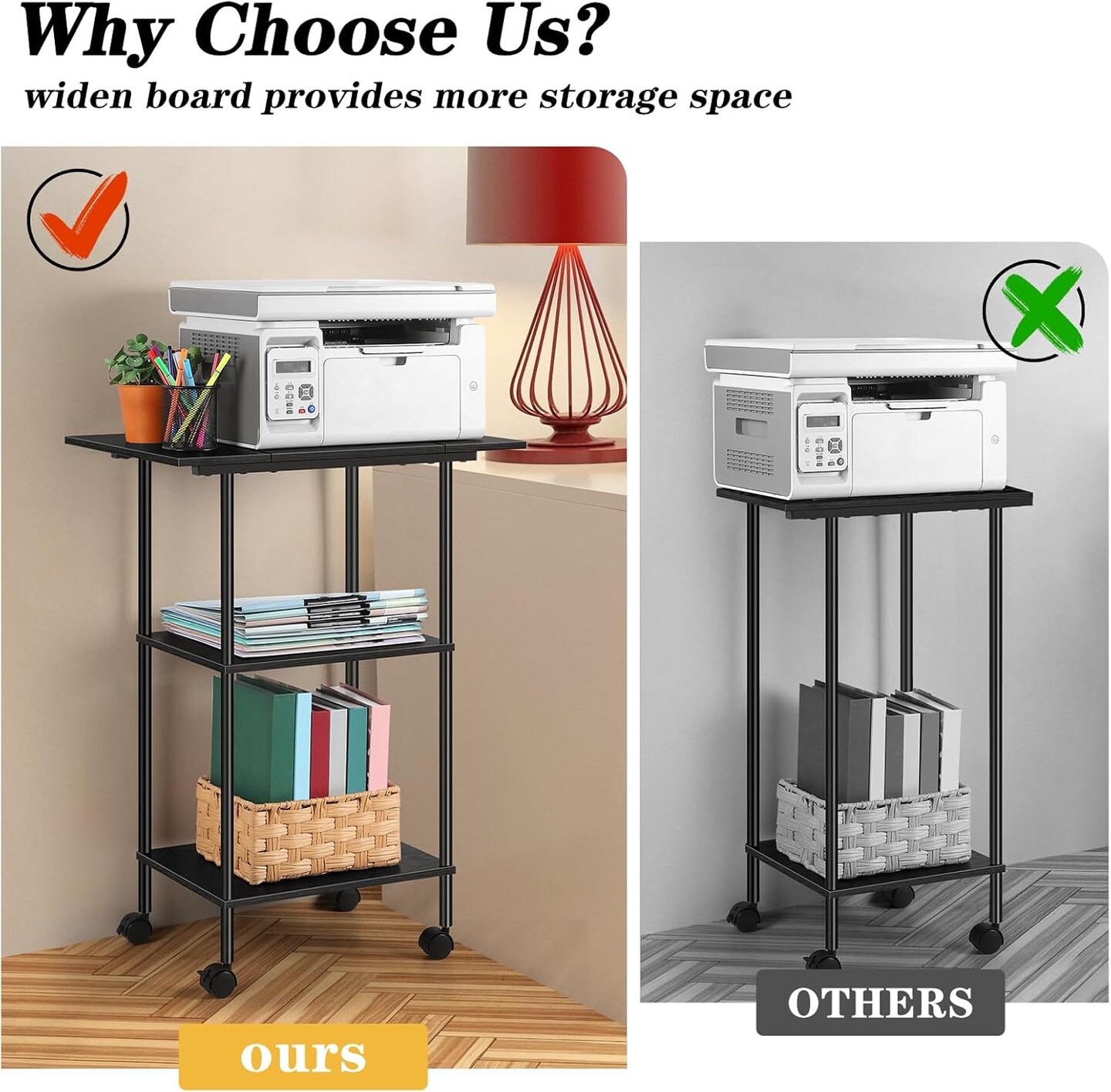 Black Modern 3-Tier Rolling Printer Stand with Wheels &#x26; Storage - Adjustable Feet, Large Desktop for Printers, Scanners, Office Supplies (23.6&#x22;W/60cm x 15.7&#x22;D/40cm x 31.5&#x22;H/80cm)