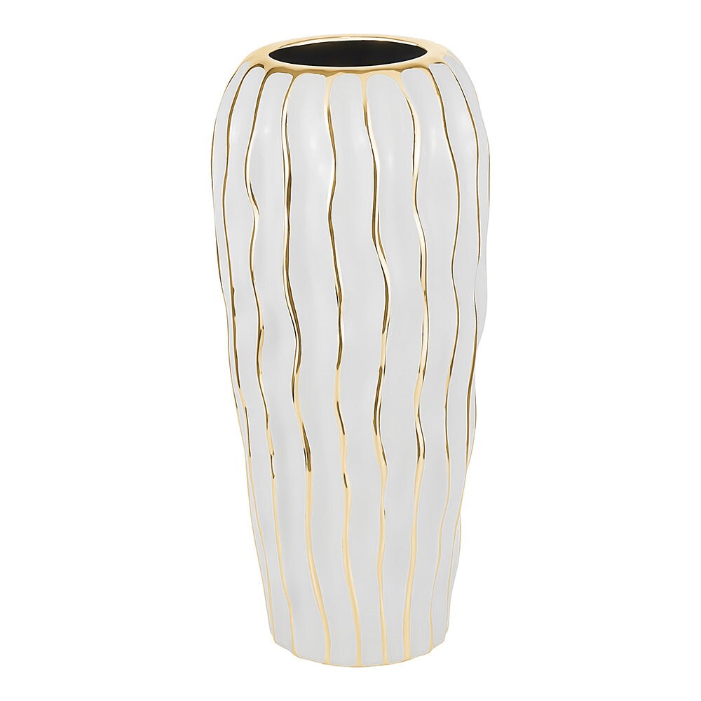 Elegant White Porcelain Vase with Gold Wavy Design By Kinor Decor