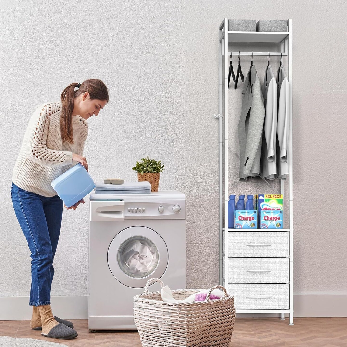 White Heavy Duty Garment Rack with 3 Drawers | Space-Saving Clothing Organizer for Small Spaces | Modern Industrial Wardrobe with X-Brace Stability