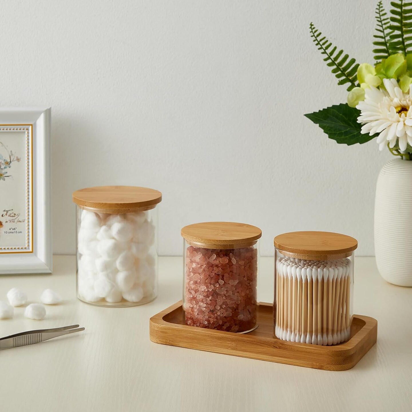 6 Pack Glass Qtip Holder, Apothecary Jars with Lids Bamboo, Bathroom Organizers and Storage for Cotton Ball Round Swab Pad Floss Picks, Bathroom Decor for Vanity Accessories