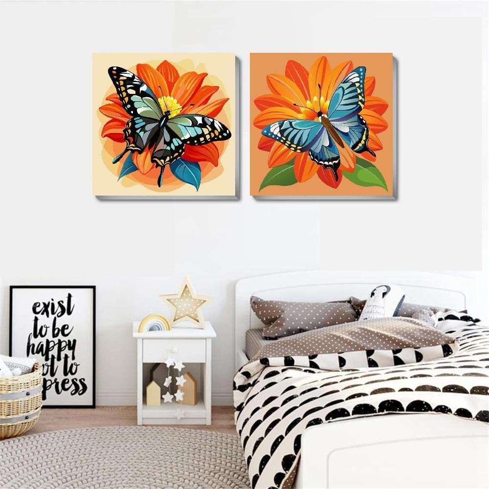 2 Pack Butterfly Paint by Numbers Kits for Kids and Adults with Framed, DIY Easy Kid&#x27;s Paint by Number Kits, Butterfly Acrylic Oil Painting Art Kit for Home Wall Decor 8 X 8 Inch