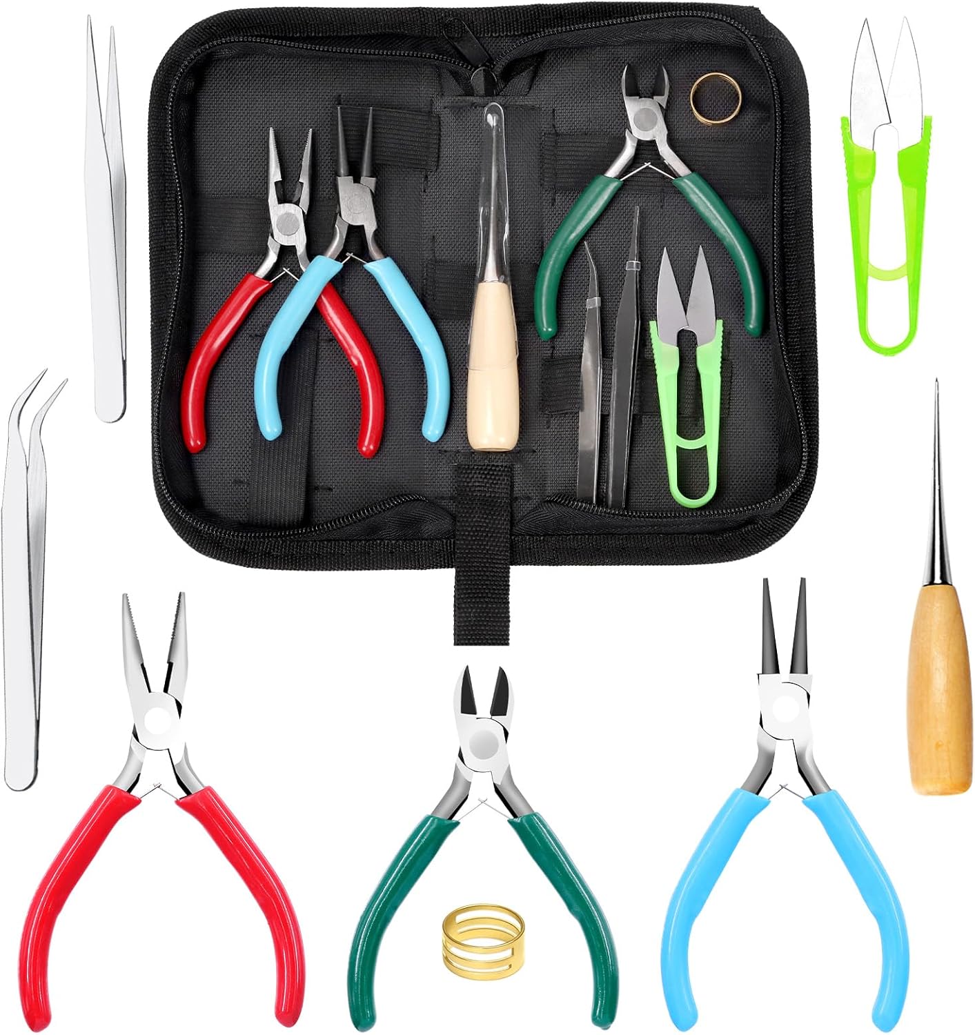 9Pcs 4.5Inch Jewelry Making Assortments Kit, 3 Types Jewelry Pliers Needle Nose Pliers Round Nose Pliers Wire Cutters, with Awl, Tweezers, Thimble Ring, Scissors, Jewelry Making Supplies
