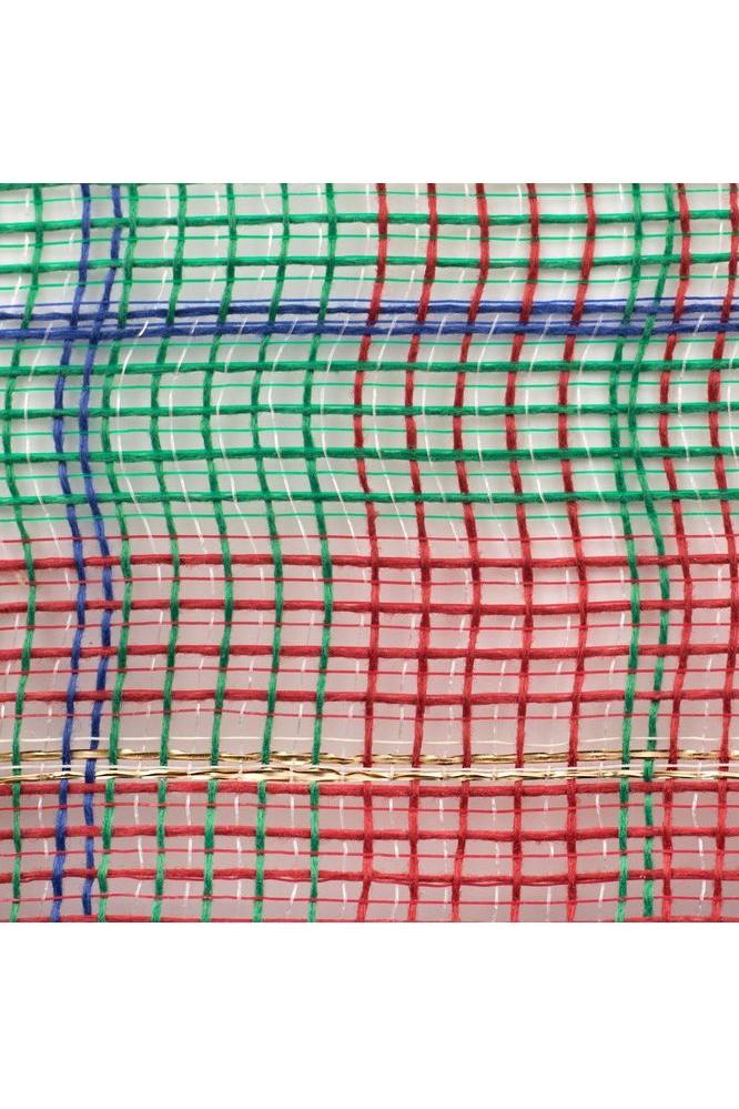 10.5&#x22; Faux Jute Plaid Mesh Ribbon: Red/Green/Blue (10 Yards)