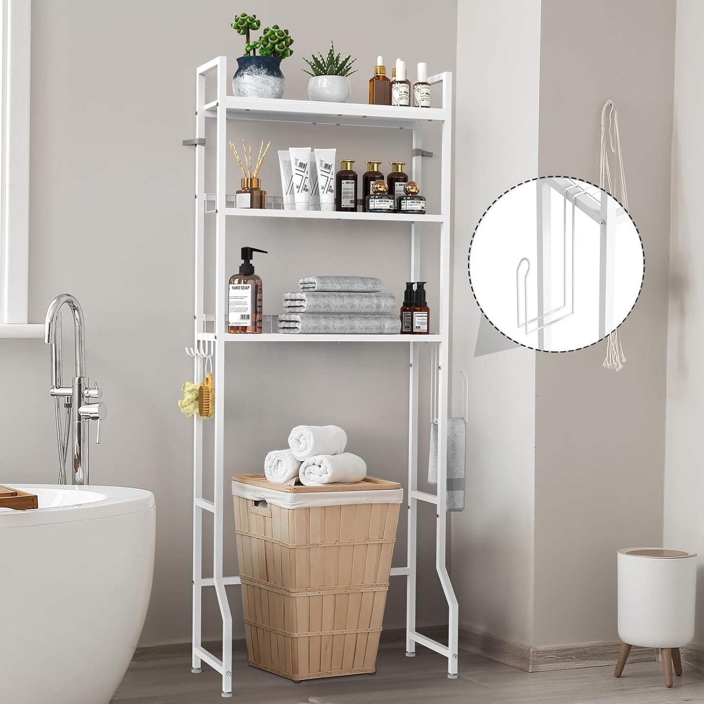3-Tier Industrial Over-The-Toilet Storage Shelf | Freestanding Bathroom Organizer with Toilet Paper Holder & 4 Hooks | Heavy-Duty Metal Wire Rack, Space-Saving Brown Design
