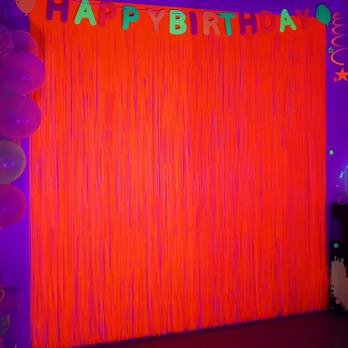Glow in The Dark Party Supplies, 2 Pack Neon Party Decorations 6.6 x 6.6 ft Fluorescent Macaron Orange Tinsel Foil Fringe Curtains, Photo Booth Prop Backdrop Streamer, Birthday Party Decor