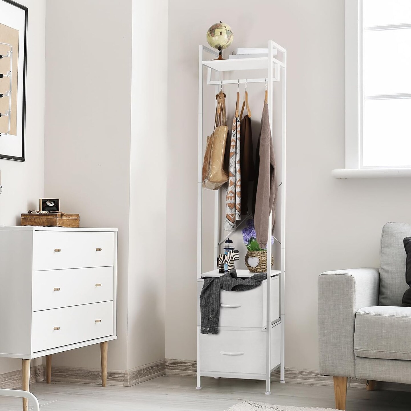 White Heavy Duty Garment Rack with 2 Fabric Drawers | 3-in-1 Freestanding Clothing Organizer | 80lb Capacity Steel Frame &#x26; X-Brace Stability
