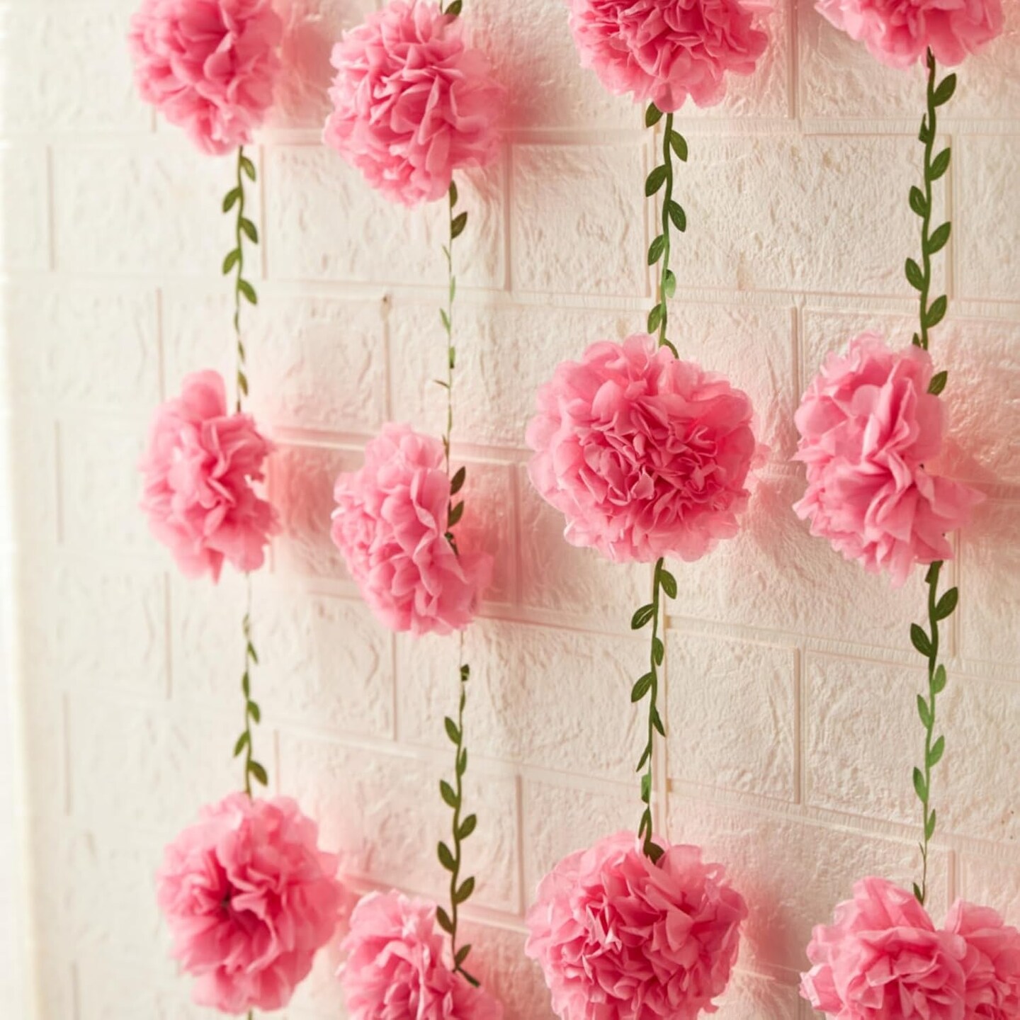 2PCS Pink Paper Flower Garland, Flower Leaves Banner Flower Pom Pom Garland Spring Hanging Paper Flower Decorations for Wall Nursery Anniversary Wedding Birthday Arch Decor (8.2ft)
