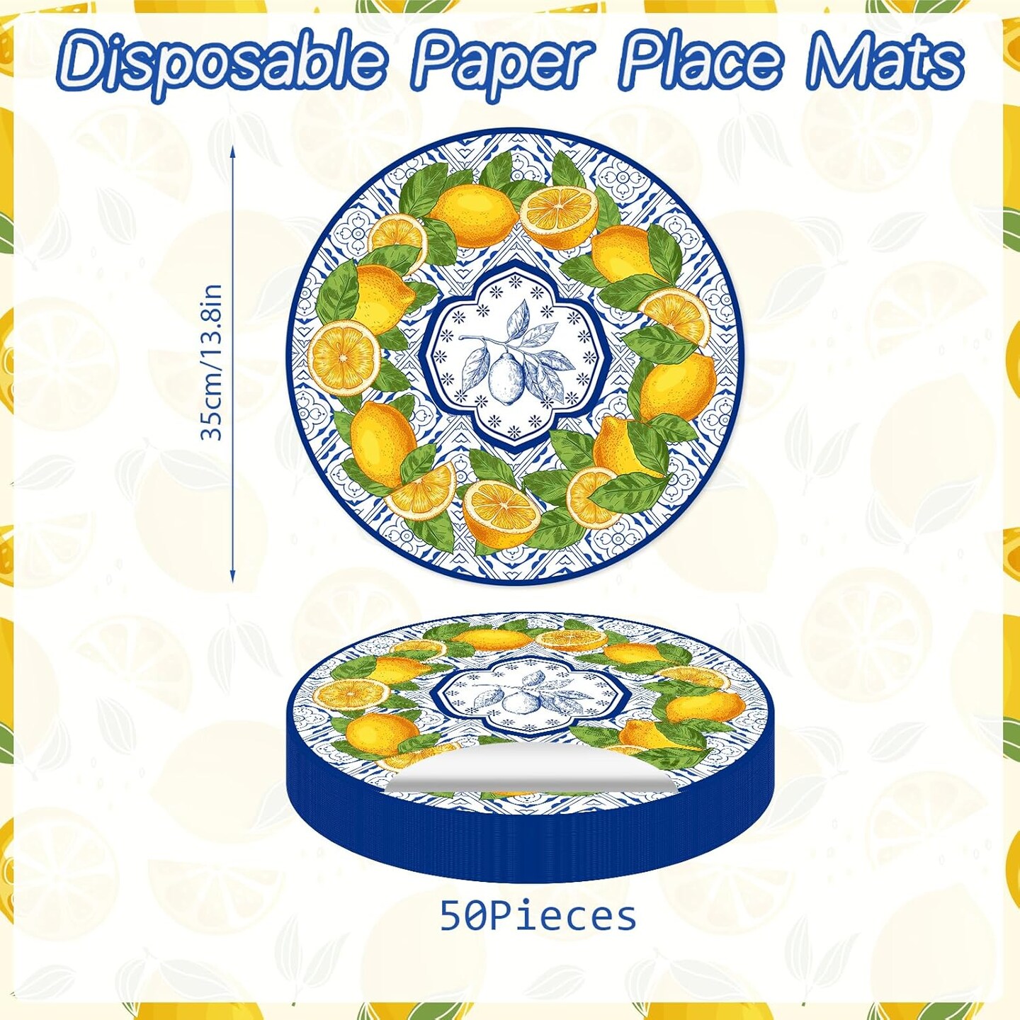 50 Pack Lemon Paper Placemats Disposable 50 Pack 13.7 Inch Cyan Blue Tiles Lemon Fruit Round Place Mats Summer Table Mats for Kitchen Dining Party Decoration
