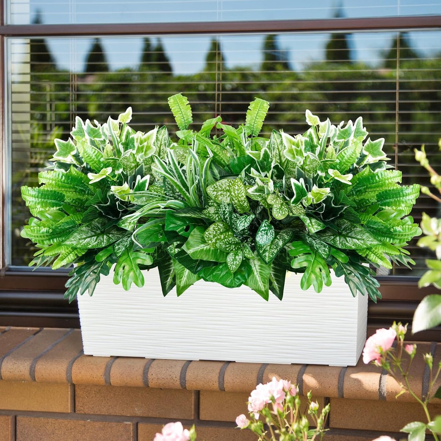 16 Bunches Fake Plants Outdoor UV Resistant Artificial Bushes Green Boxwood Shrubs Faux Plastic Plants Greenery Stems for Spring Outdoor Garden Patio Front Porch Yard Home Decor