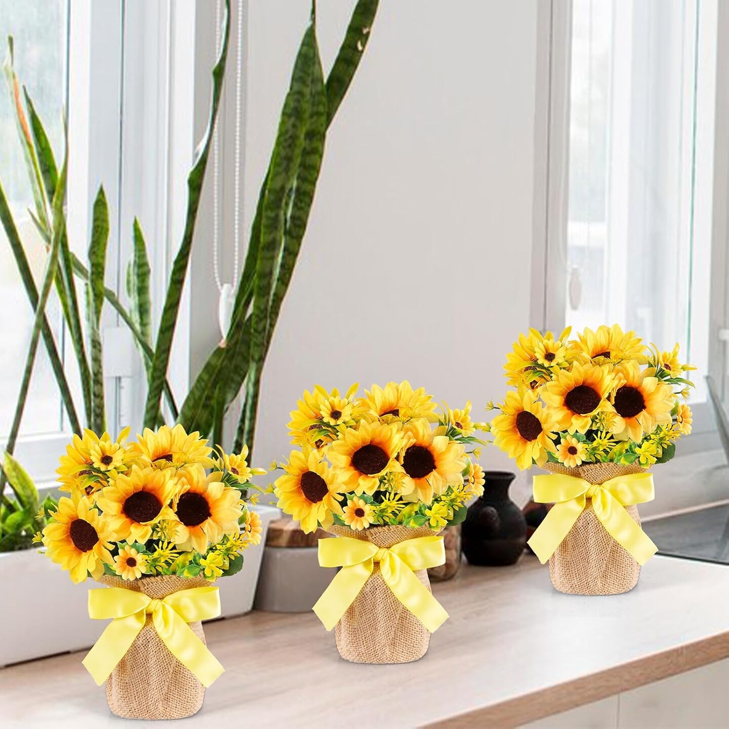 3 Pack Artificial Potted Sunflowers – Faux Sunflower Plants in Burlap Bag Pots, Small Plastic Floral Decor for Spring & Summer Home, Farmhouse, Kitchen, Office Indoor/Outdoor Table Decoration