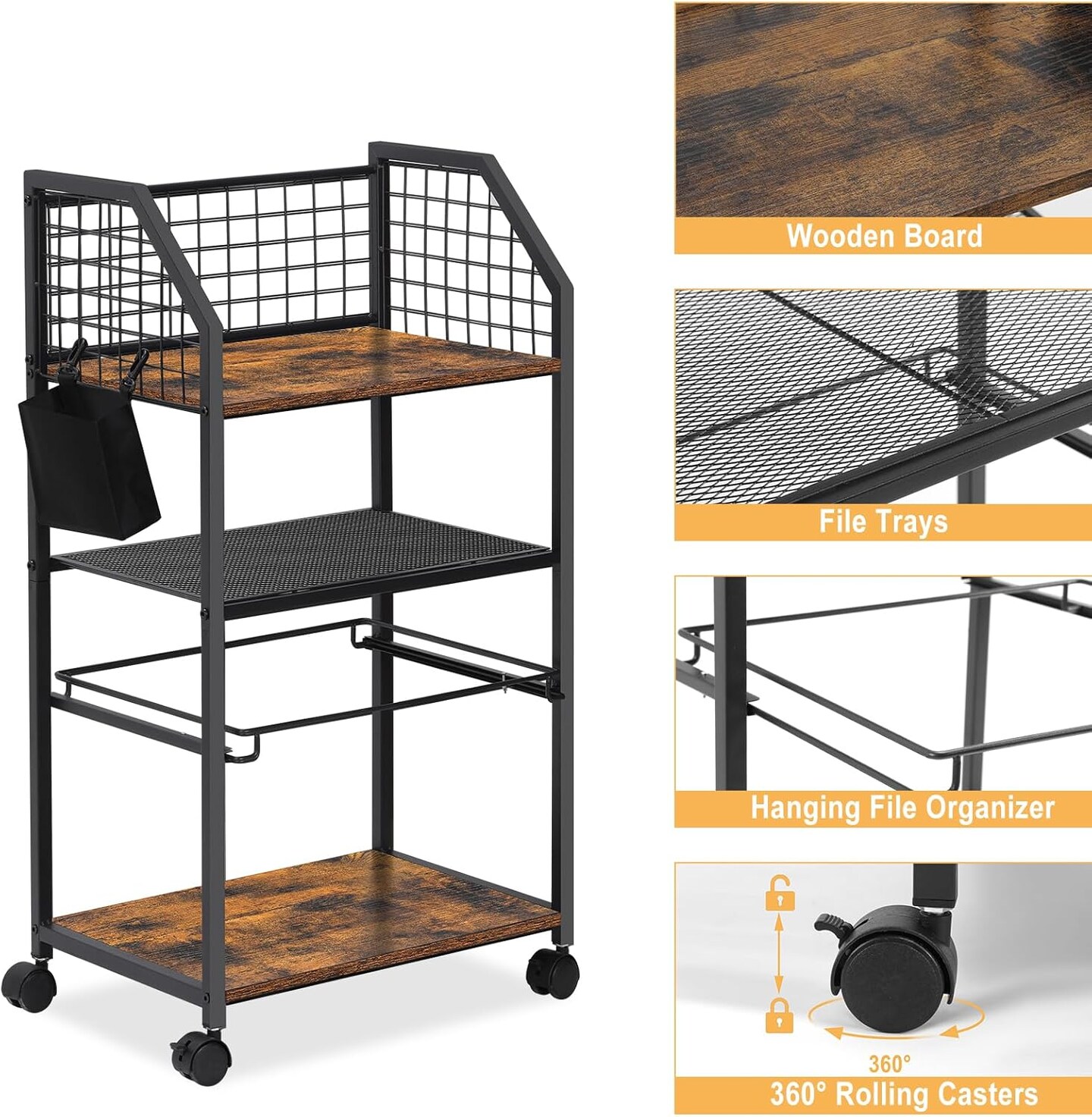 3-Tier Rolling File Cart with Lockable Wheels - Under Desk Organizer, Hanging File Rack for Letter Size, Mobile Office Storage for Home, School, Brown