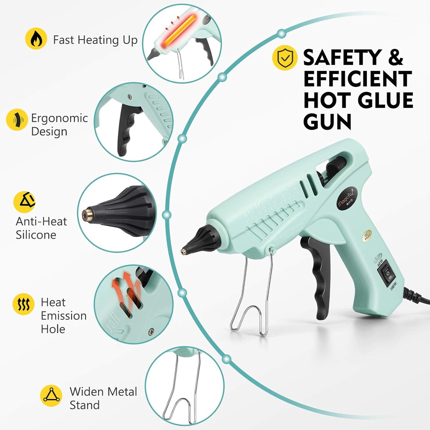 60/100W Hot Glue Gun Full Size with 15 Pcs Hot Glue Sticks (0.43 X 5.9 inch) and Carry Case, Dual Power High Temp Melt Glue Gun Kit with Finger Caps, Mat for Arts Craft, Household, Green