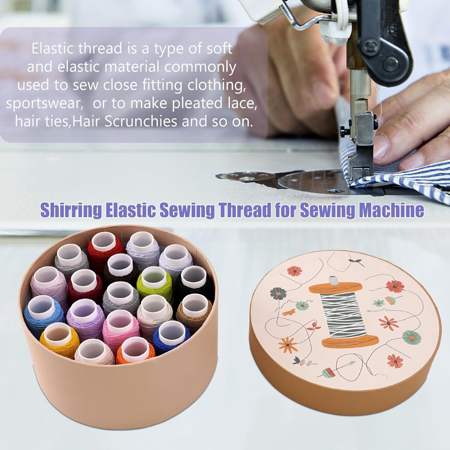 19PCS Elastic Thread 0.6mm,20m Each Spool Elastic Sewing Thread for Sewing Machine,Shirring Elastic Thread for Serger,Overlock Machines Quilting Knitting,Weave,DIY