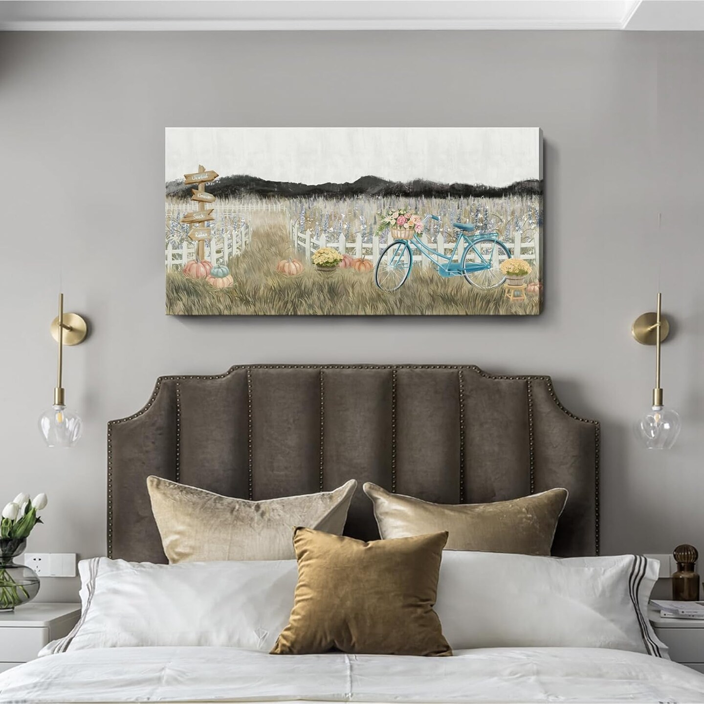 Large Wall Art for Living Room Farmhouse Wall Decor, Modern Boho Vintage Organnic Country Rustic Cottagecore Neutral Landscape Artwork with Mountains Bicycle Flower, Floral Picture Bedroom Kitchen