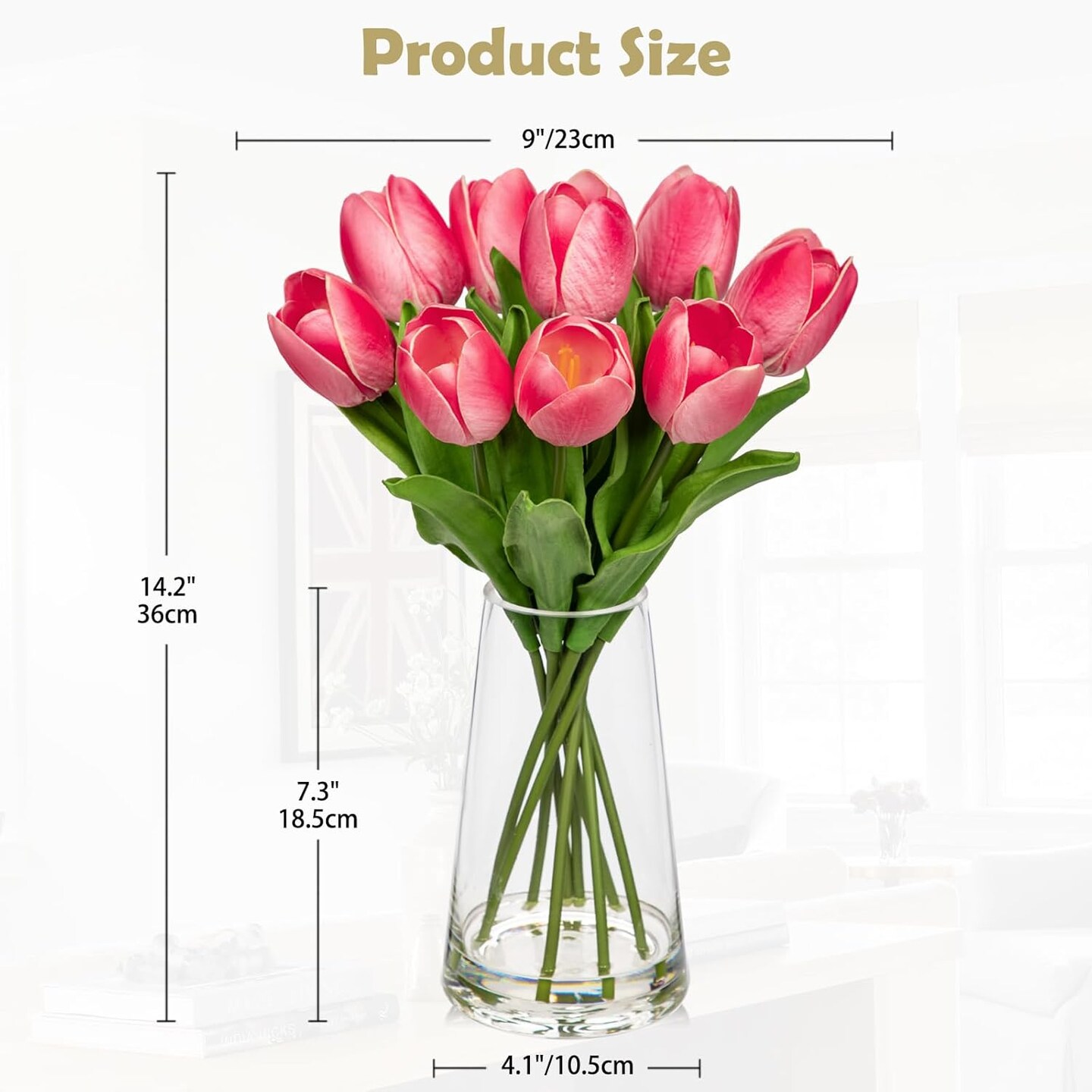 Fake Tulips Artificial Tulip Flowers in Glass Vase with Faux Water, 14.2&#x22; Real Touch Pink Tulip Flowers Spring D&#xE9;cor for Table Centerpiece Home Farmhouse Resto Wedding Decoration