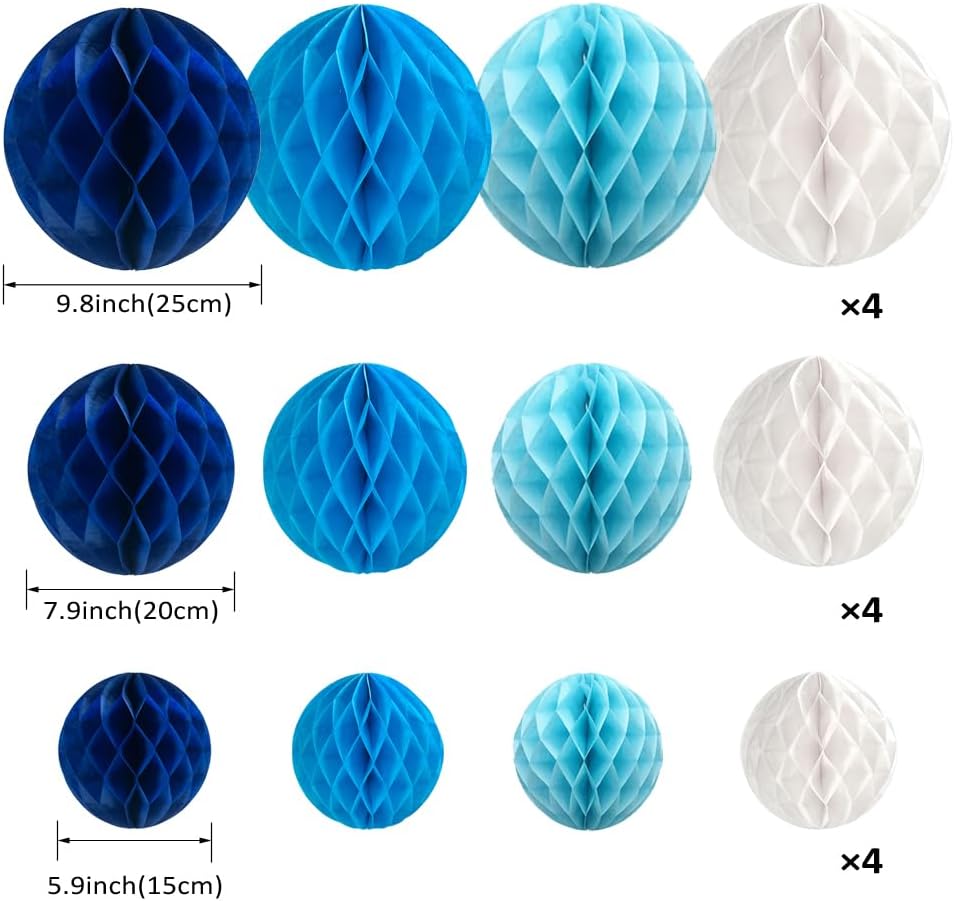 12Pcs White Blue Paper Honeycomb Flower Balls 6&#x27;&#x27; 8&#x27;&#x27; 10&#x27;&#x27; Decorative Tissue Honeycomb Balls Paper Pom Poms Hanging Flower Balls Craft Kit for Wedding Nursery Room Home Party D&#xE9;cor