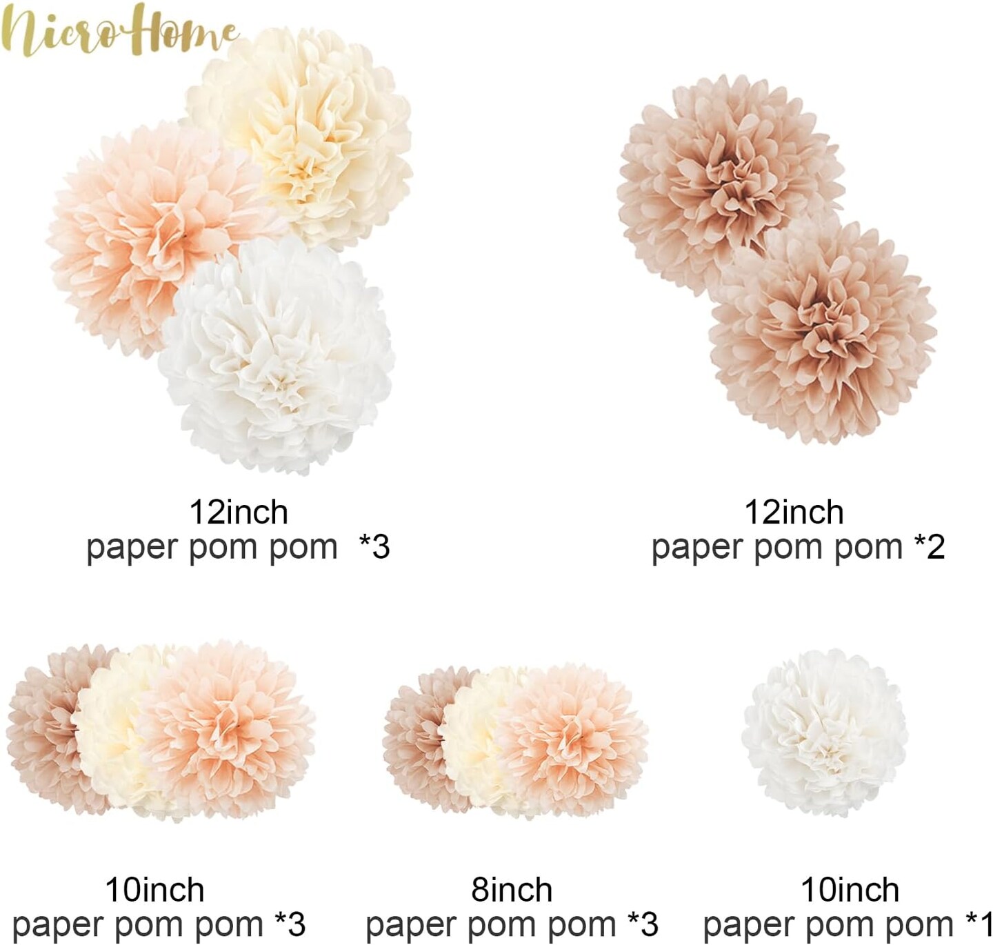 Wedding Decorations, 12 PCS Ivory Champagne Tissue Paper Pom Poms, Creamy White Paper Flowers for Bridal Showers, Engagement Receptions, Bachelorette, Birthday, Boho Party Supplies