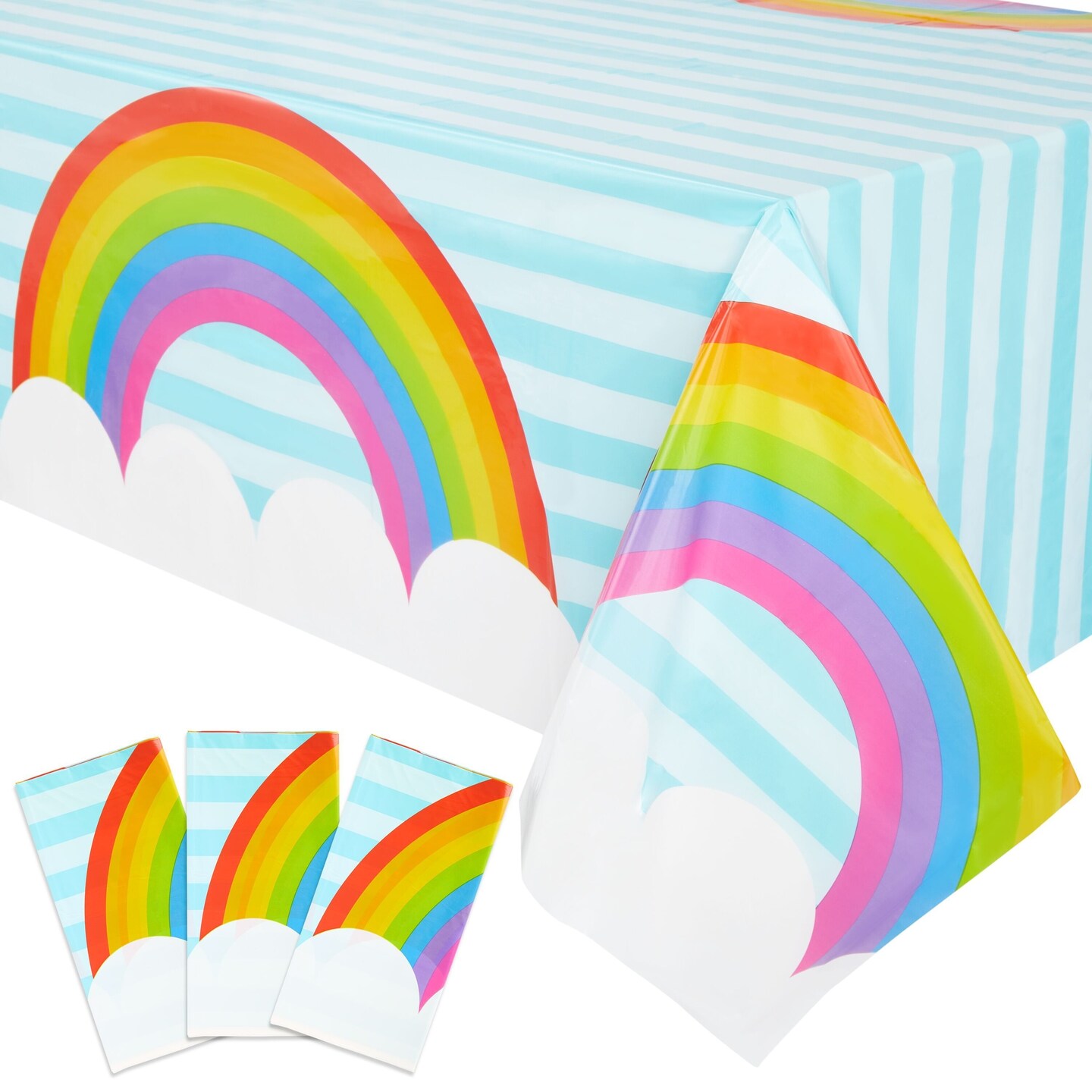 3 Pack Rainbow Plastic Tablecloth, Disposable Table Cover for Cloud Birthday Decorations, Rainbow Party Supplies (54 x 108 in)