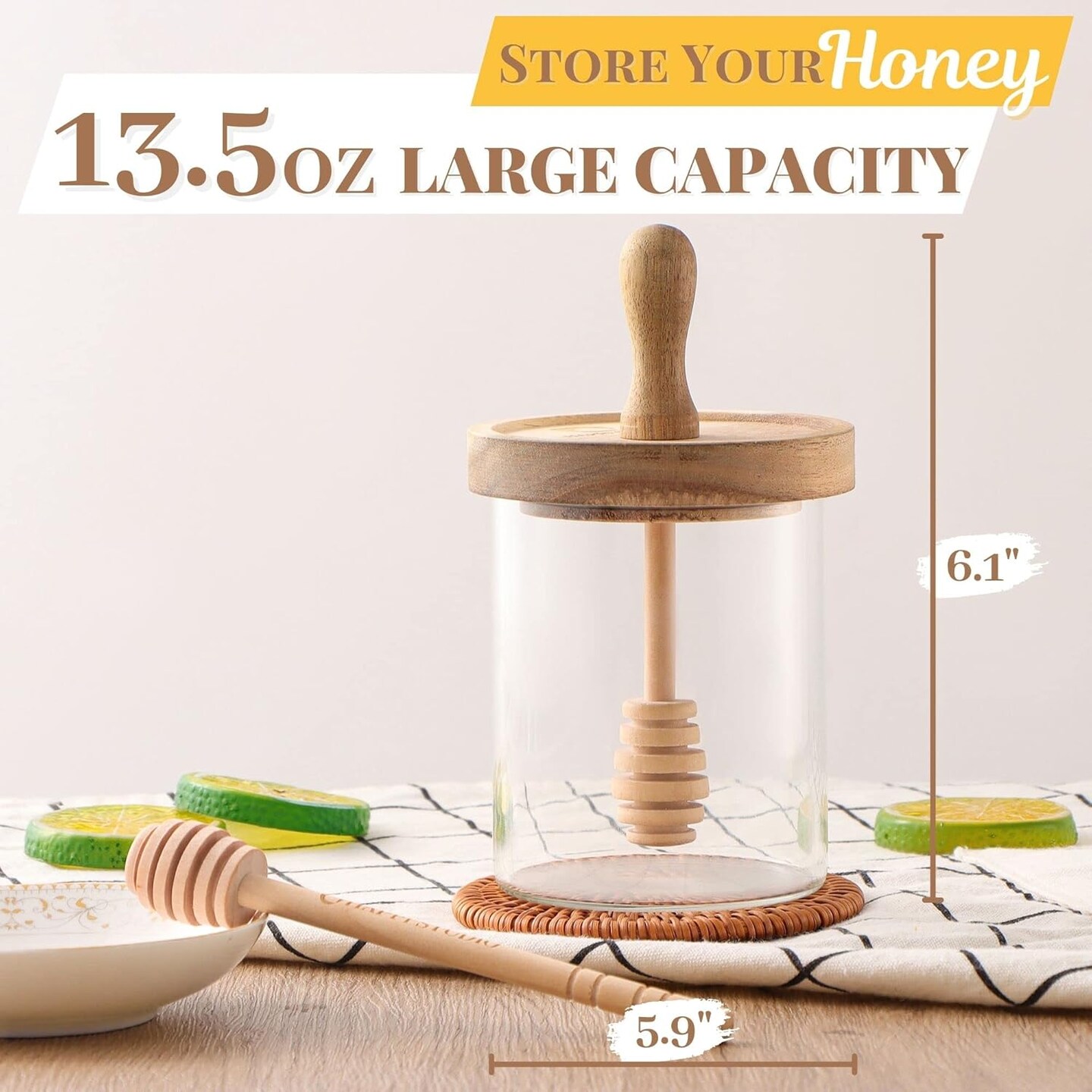Honey Pot - Honey Jar and Dipper Set - Glass Honey Jar with Dipper - Honey Dipper Stick and Jar Set - Glass Honey Dispenser No Drip - Honey Container with Dipper- 2 Wooden Honey Dippers - 13 Oz