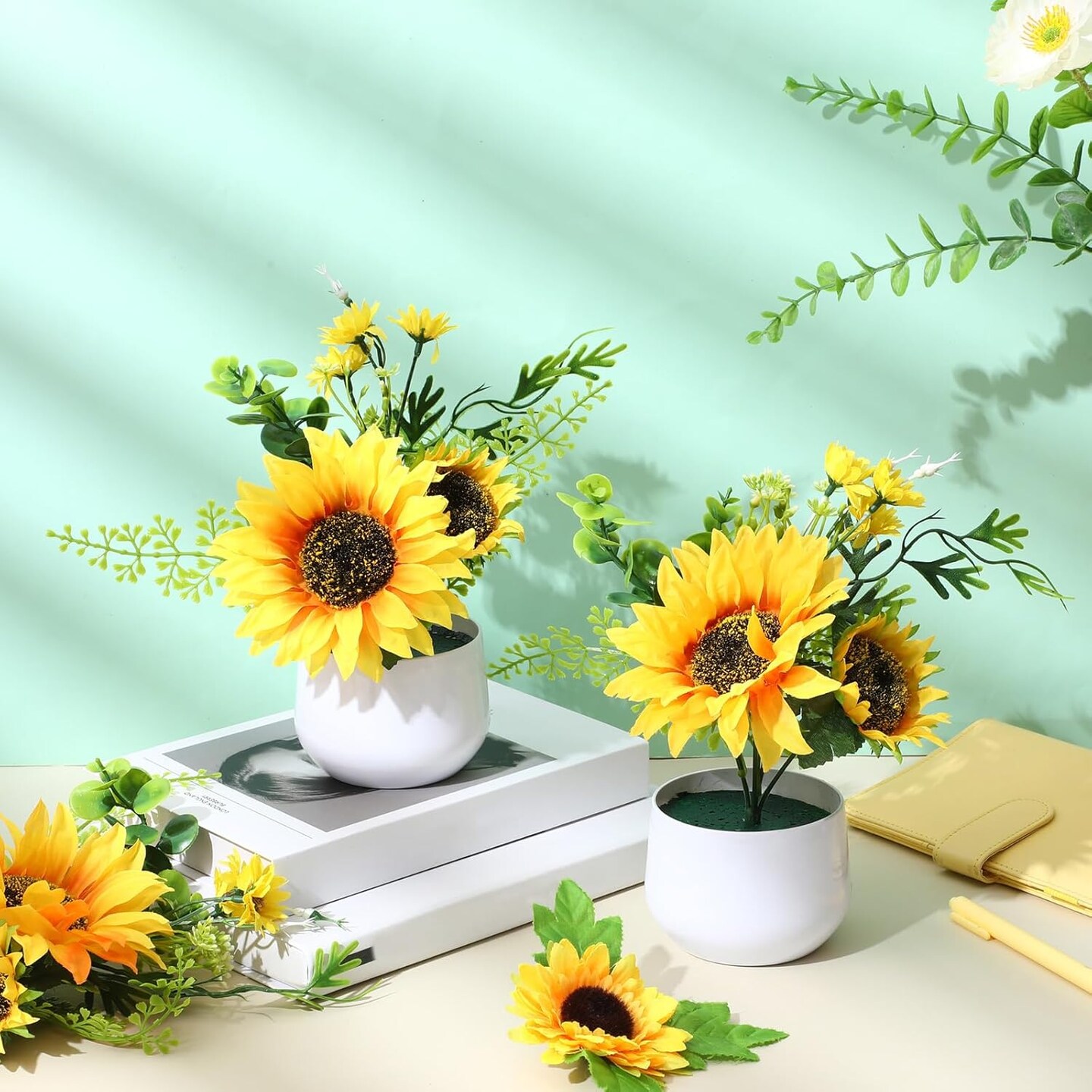 8PCS Artificial Sunflower Potted Plants – Mason Jar Table Centerpieces for Home & Events