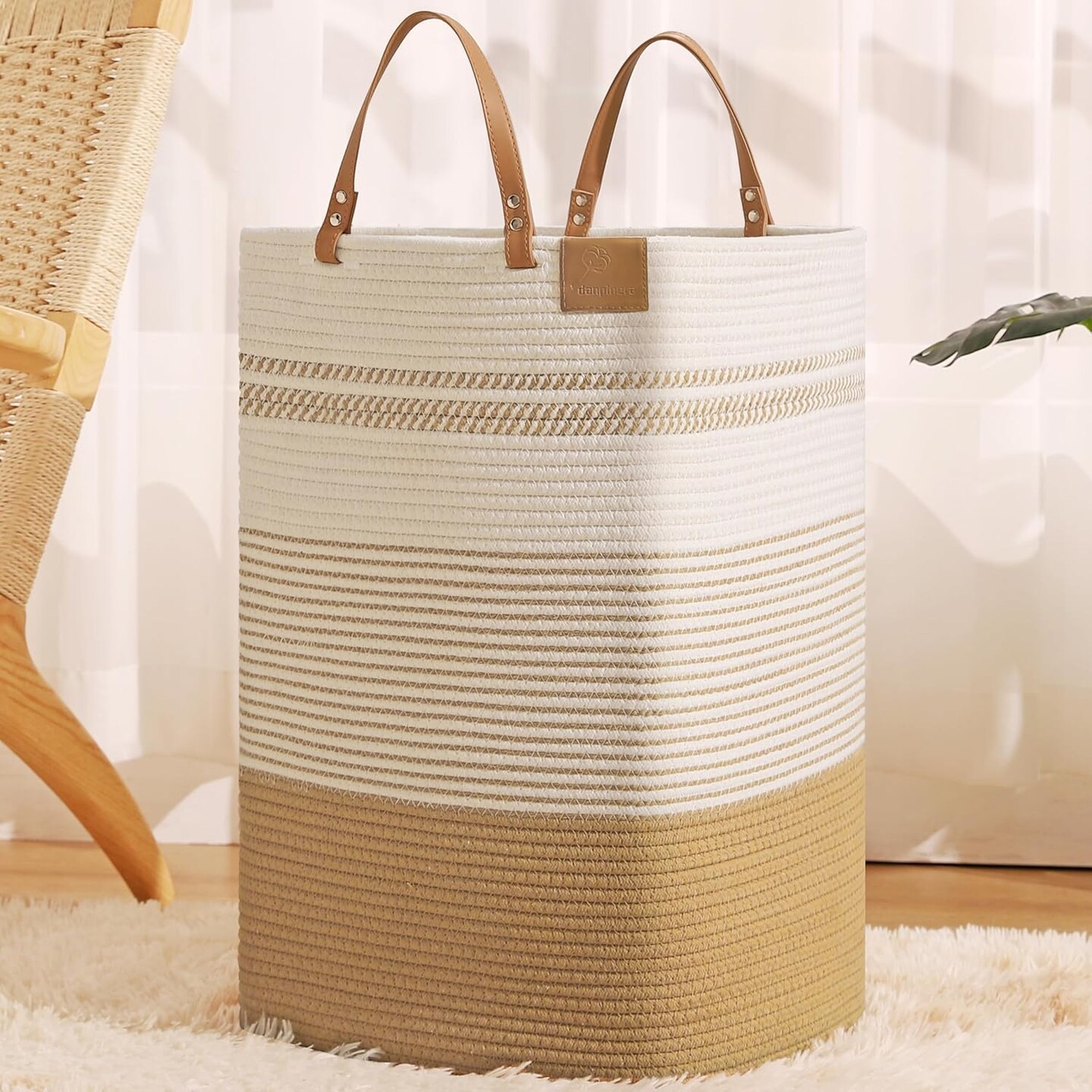 Large Laundry Hamper – 75 L Tall Woven Cotton Storage Basket with Leather Handles, Slim Dirty Clothes Hamper, Decorative Storage Basket