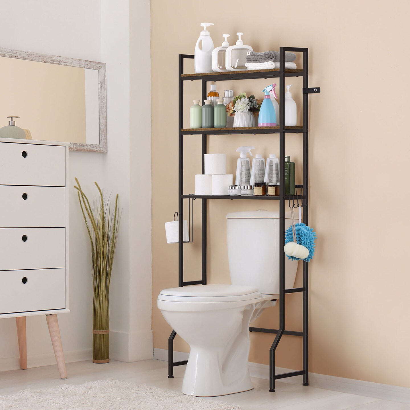 Over-The-Toilet Storage Rack 3-Tier with Anti-Tip Kit | 63.6&#x22; Tall Bathroom Organizer | Heavy-Duty Metal Frame, 30lb/Shelf, Multi-Room Freestanding Cabinet (Brown)