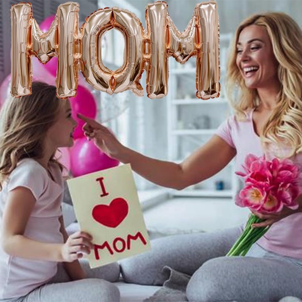 Mother&#x27;s Day Balloons Rose Gold Mom Balloons Letter Balloon Conjoined Mom Foil Balloon for Mother&#x27;s Day Themed Party Supplies Mothers Decorations Party Sets-3 PCS
