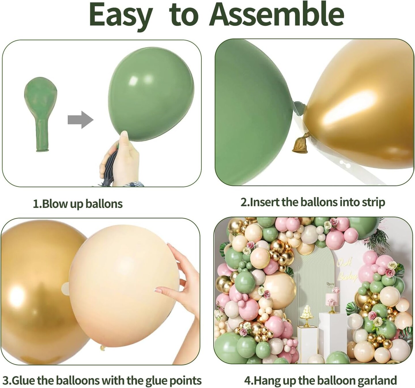 Sage Green Pink Balloon Arch Kit, Olive Green Nude Sand White Gold Balloons Garland Kit for Baby Shower Bride Shower Wedding Birthday Party Decoration