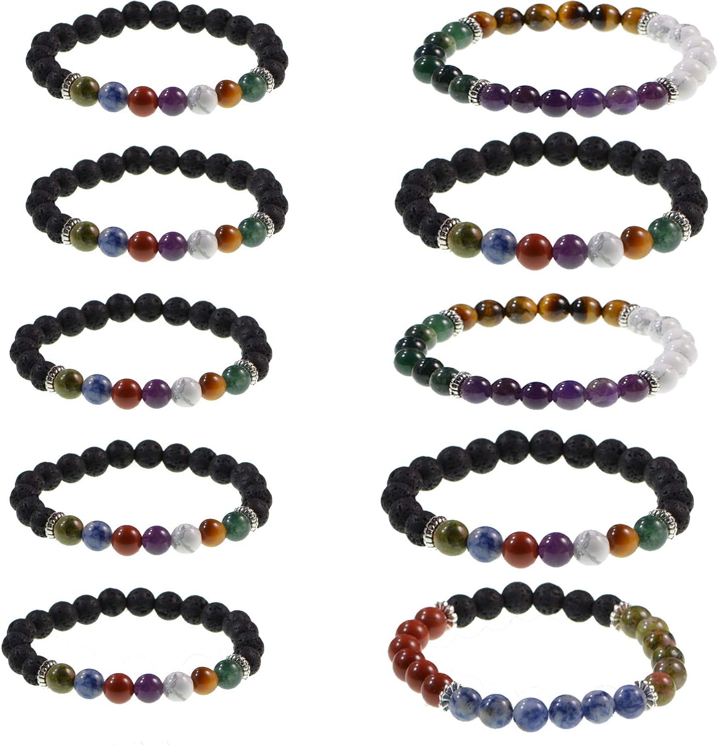 Natural Stone Beads Box Set Kits 8mm Round Loose Gemstone Natural Amethyst Lave Stone Assorted Color with Accessories Tools for Bracelet Jewelry Making (100% Natural Stone Beads Kit 1)