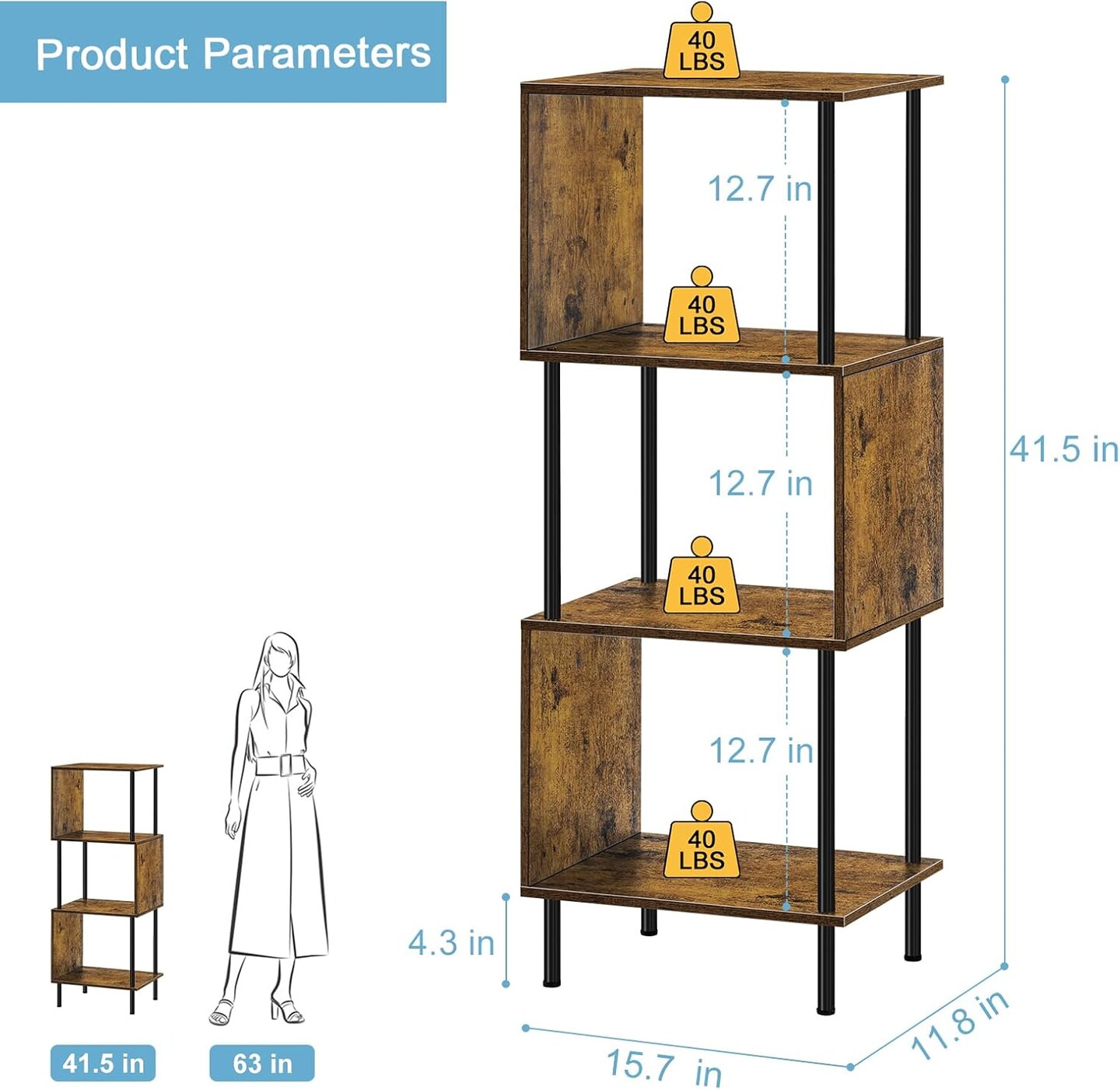 4-Tier S-Shaped Bookcase – Modern Freestanding Wooden & Metal Shelves for Farmhouse, Living Room, Bedroom, Home Office – Space-Saving Storage with Anti-Tip Kit