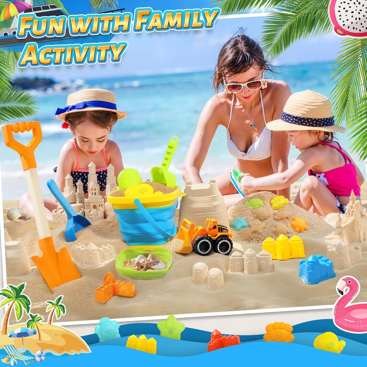 Beach Sand Toys for Kids with Collapsible Bucket and Mesh Bag, Toddlers Filter Sand Scooper Mesh Shovel Cover for Collecting Shells, Castle Molds, 16 Pcs Beach Essentials Toys for Summer Outdoor Beach