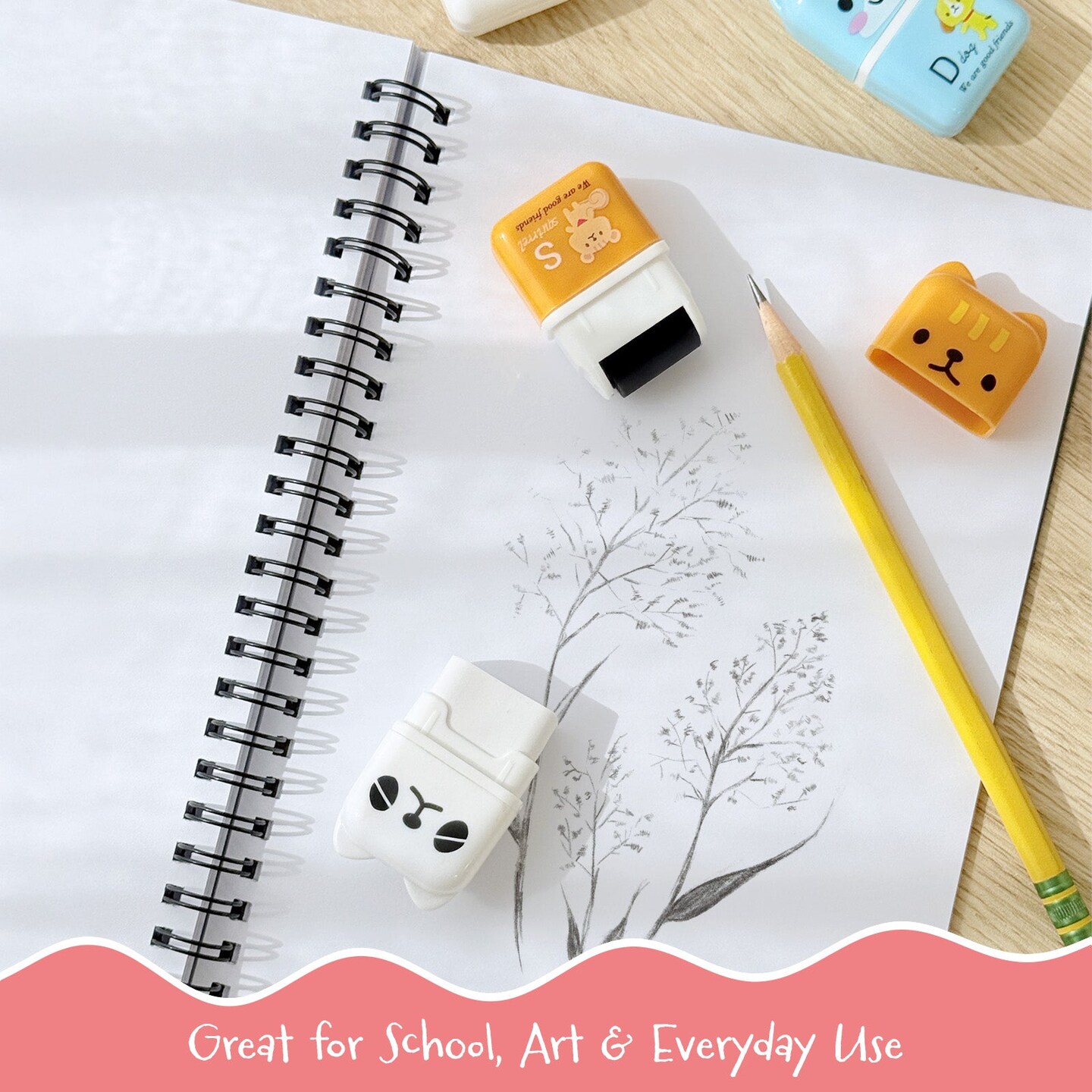 Wrapables Cute Animal Erasers with Clean Up Roller and Cover (Set of 6)