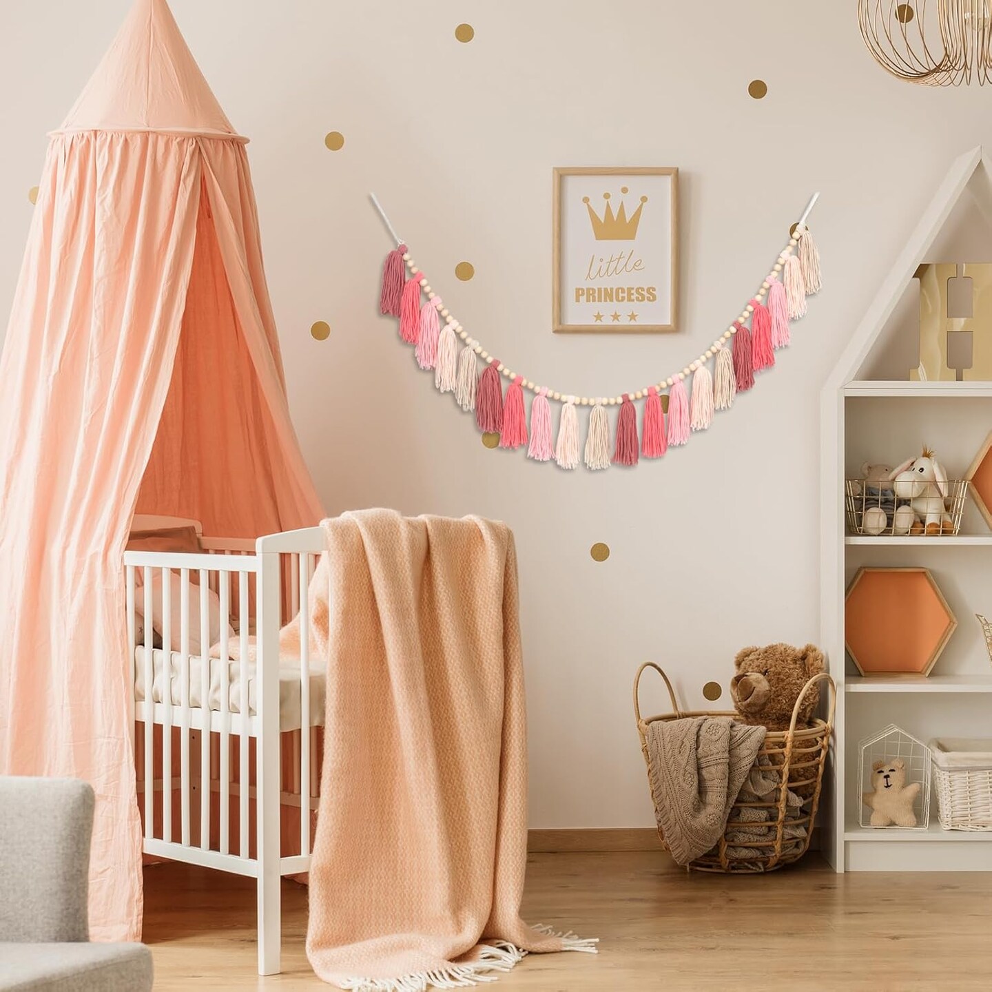 Pink Yarn Tassel Garland Boho Preppy Wall Hanging Decor Bunting Banner Tassels with Wood Bead for Nursery Classroom Office Birthday Party Baby Shower Kids Girls Dorm Bedroom Decorations