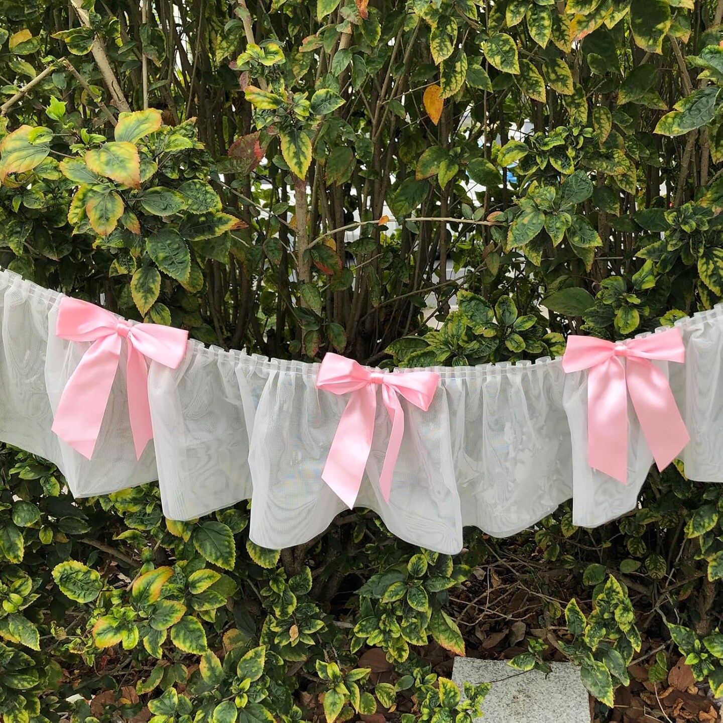Bow Garland Banner, Pink Bow Birthday Party Decorations, 5.1ft Lace and Satin Ribbon Bows Hanging Banner with 7 Bows for Coquette Birthday Bachelorette Party Wedding Engagement Decor