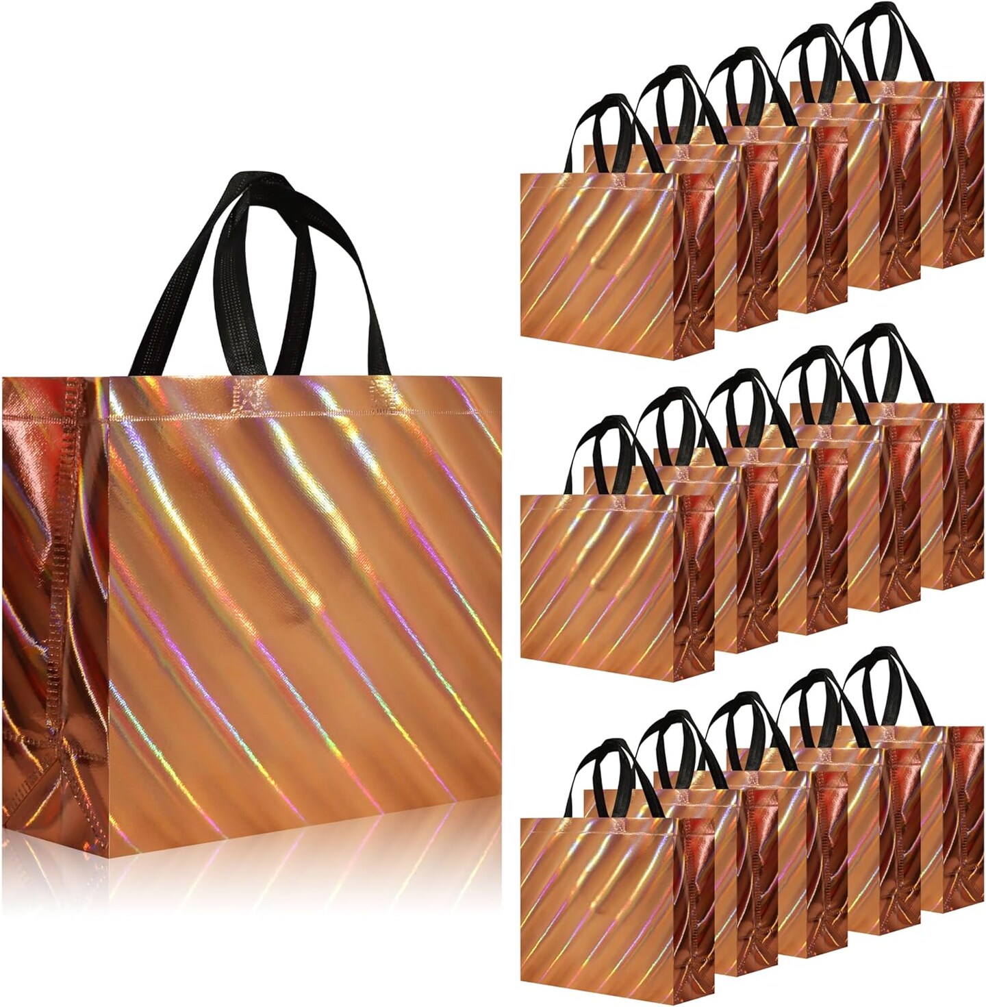 16 PCS Rose Gold Reusable Gift Bags with Handles & Bases – Shiny Non-Woven Medium Goodie Bags for Birthdays, Weddings, Parties, and Holidays (Rose Gold)