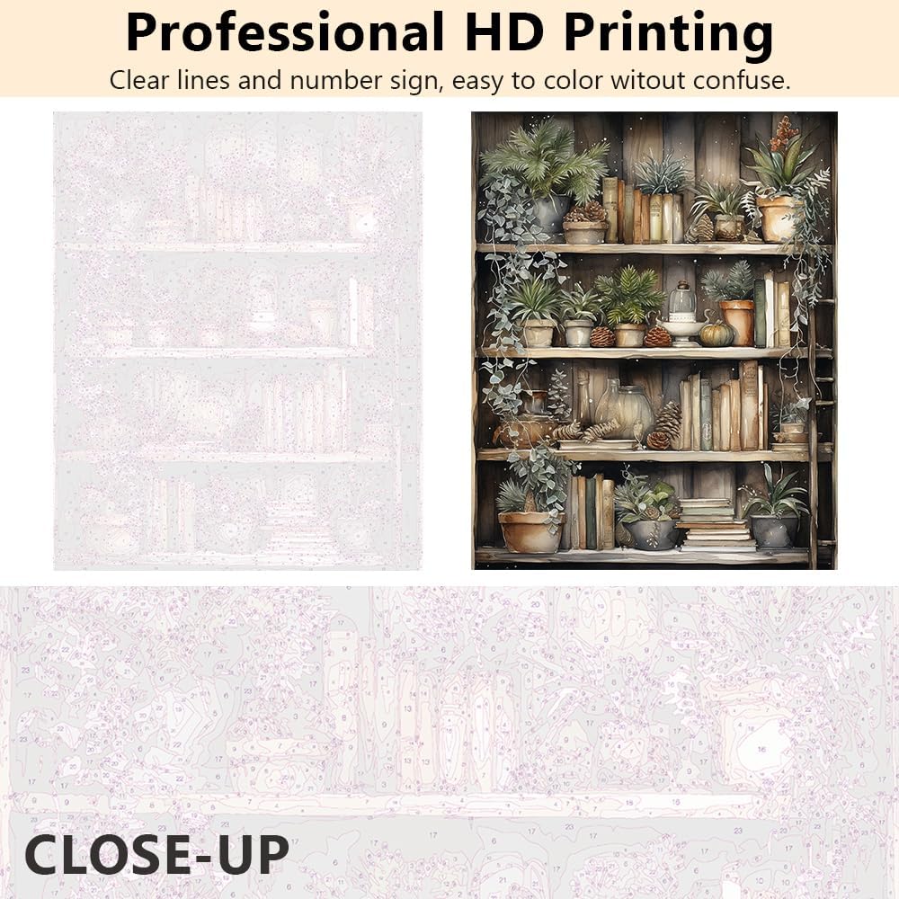 DIY Paint by Numbers, Many Plants Adults&#x27; Paint-by-Number Kits on Canvas, Book Shelves Paint by Numbers Kit