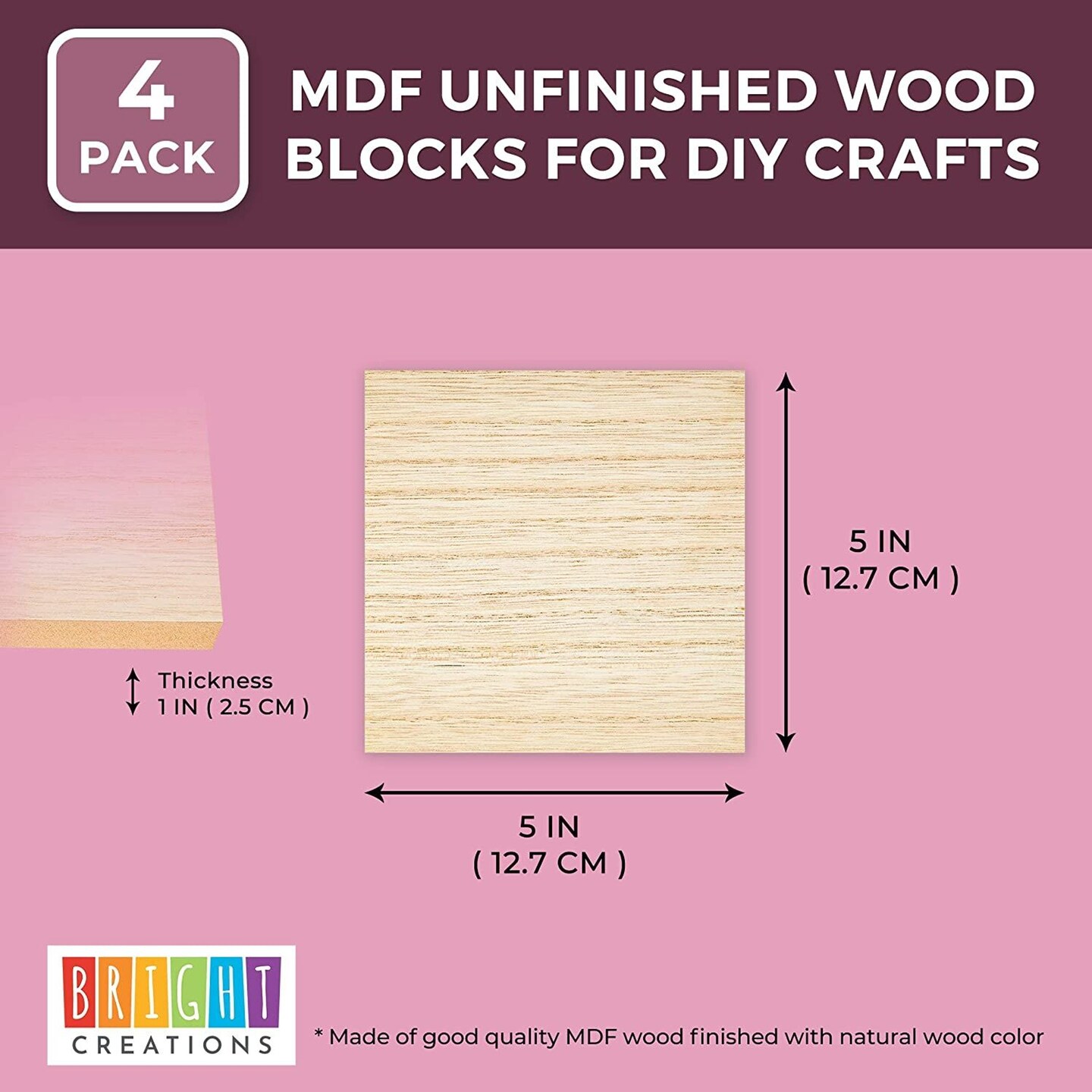 Bright Creations Unfinished MDF Wood Blocks for Crafts, 1 In Thick Wooden Square Blocks (5x5 In, 4 Pack)