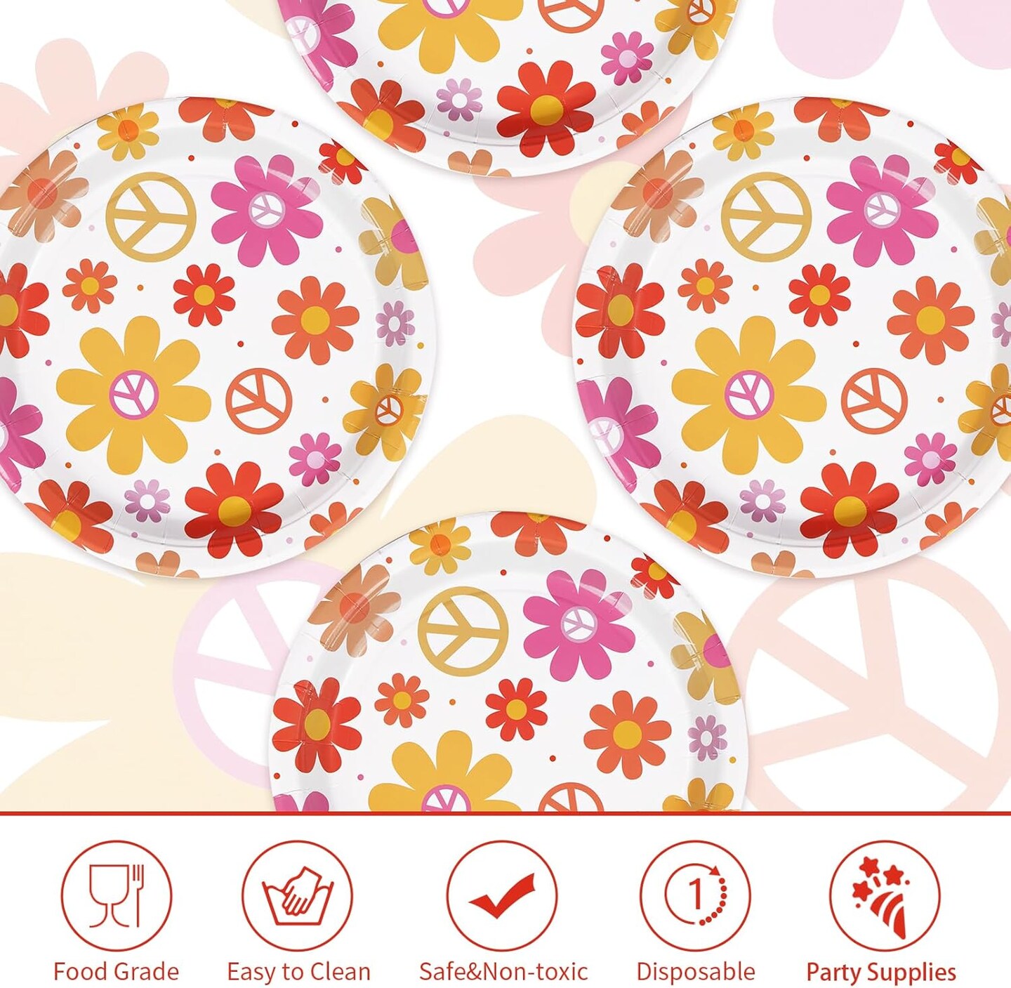 50 Pcs Summer Groovy Daisy Paper Plates, 10&#x22; 400 GSM Hippie Boho Flower Platters, Daisy Floral Dish Tray for 60s 70s