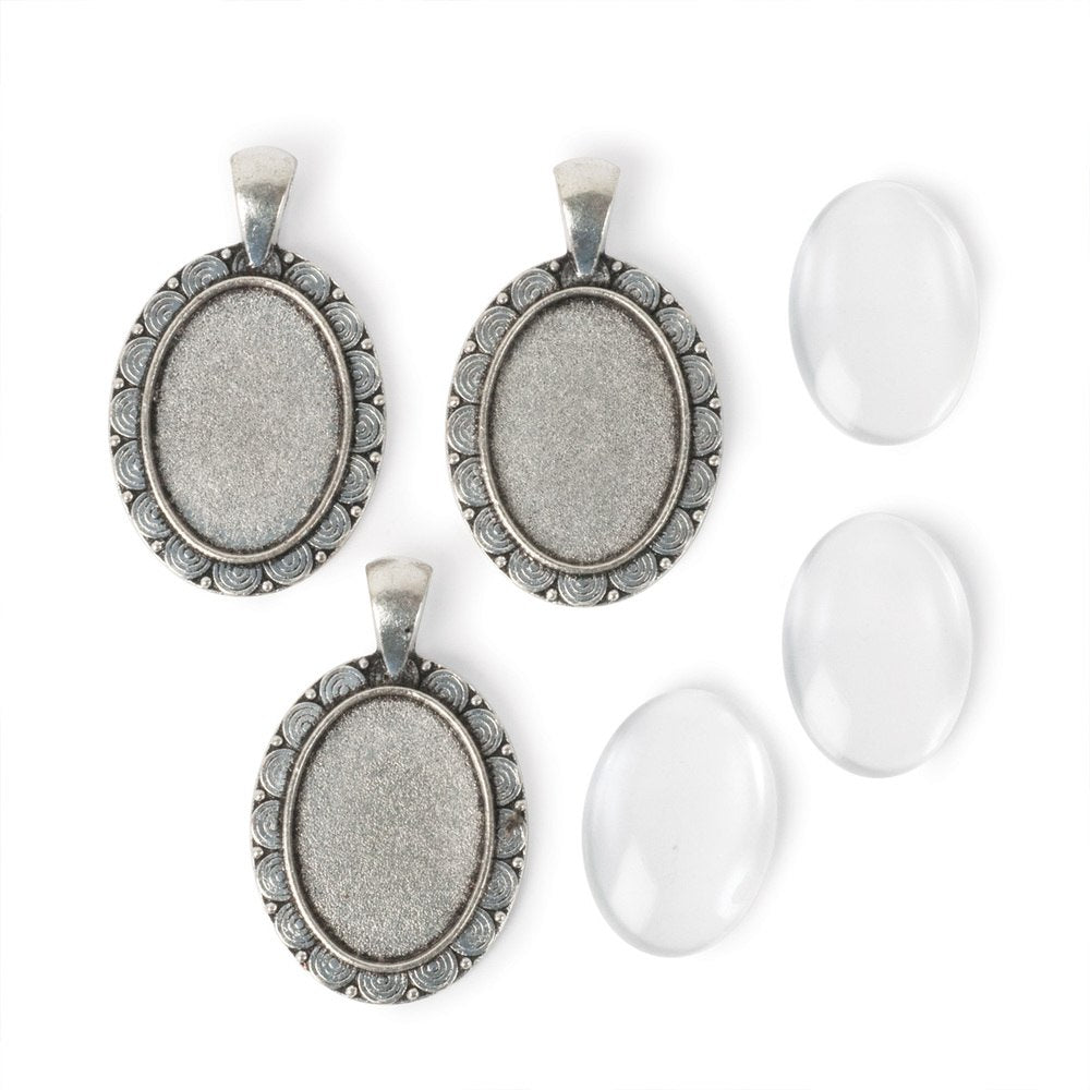 Picture Frame Pendants - Oval with Decorative Frame, Antiqued Imitation Silver, for 25x18mm Pictures - Set of Three