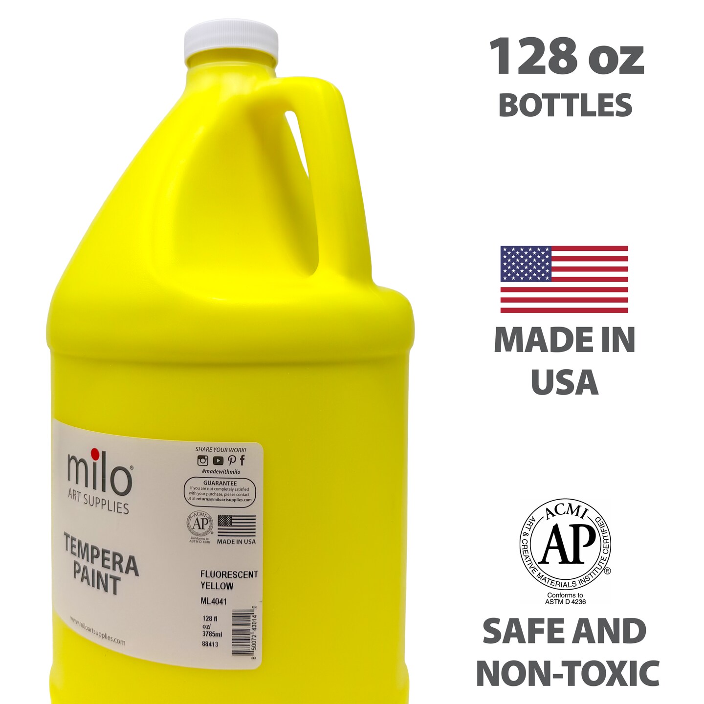 milo Fluorescent Yellow Neon Tempera Paint | 128 oz Bottle, 1 Gallon | Glows UV in Black Light | Non-Toxic Made in USA | Washable Bulk Art Paint for Party, Student, Classroom, Artist