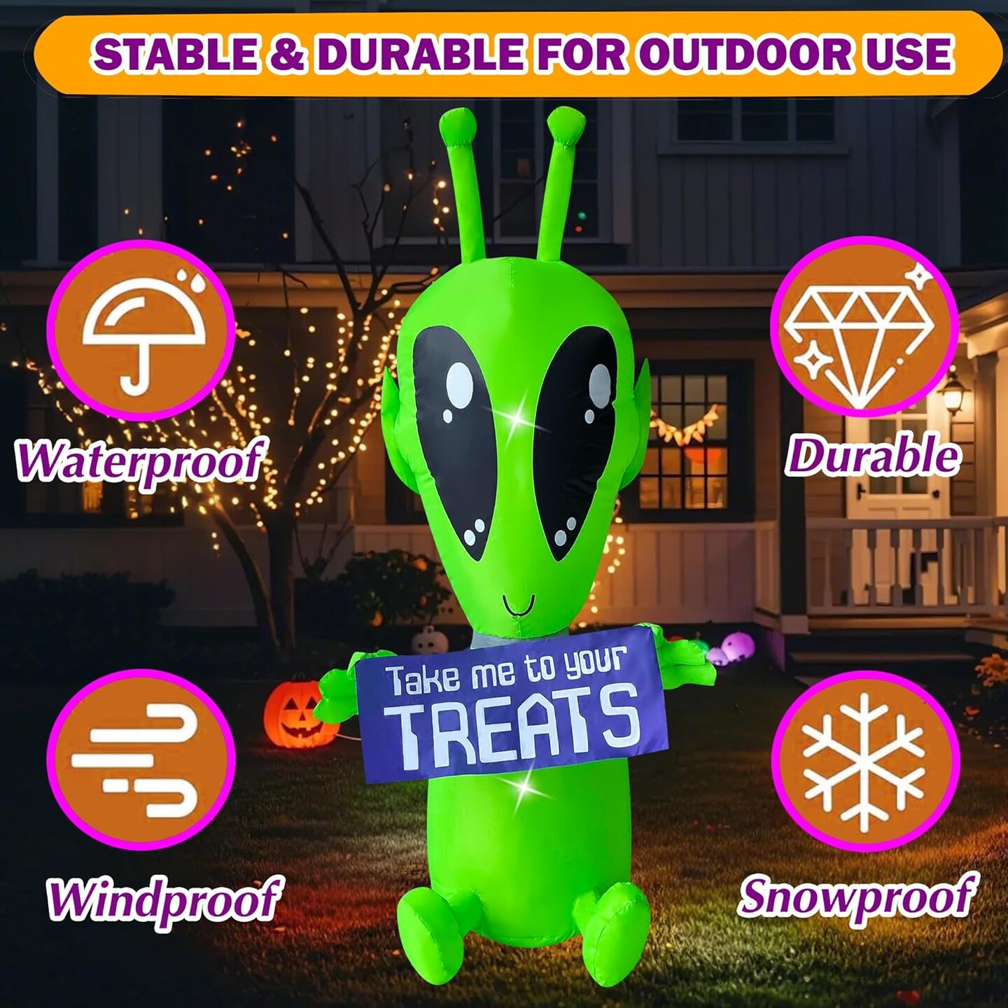 4 FT Halloween Inflatable Alien with Banner Decoration, Built-in LED