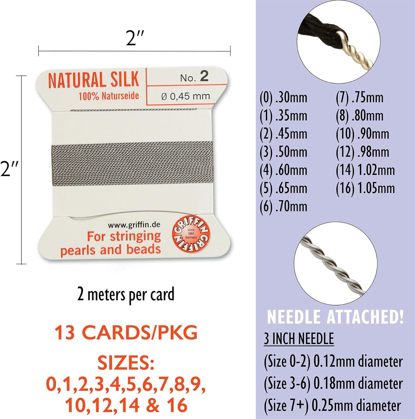 Griffin Silk Bead Cord Perlseide – Size Assortment 0-16 – 2 Meters per Card – Stainless Steel Needle Attached – for Knotting Pearls, Gemstones, Crystals and Beads