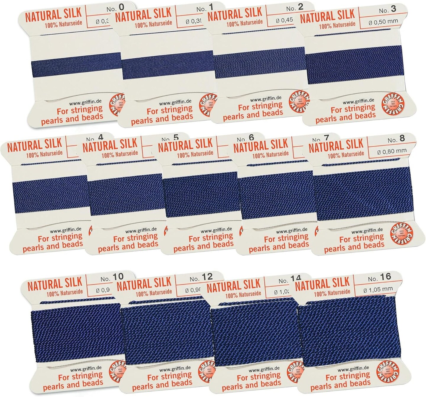 Griffin Silk Bead Cord Perlseide – Size Assortment 0-16 – 2 Meters per Card – Stainless Steel Needle Attached – for Knotting Pearls, Gemstones, Crystals and Beads