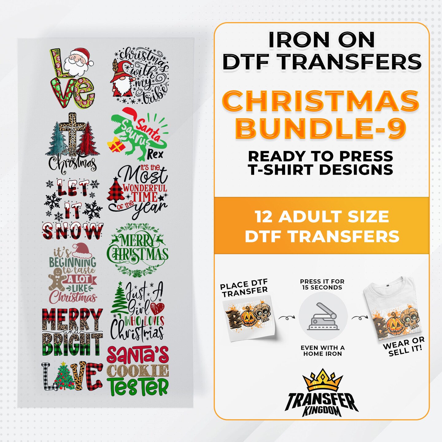 Iron on DTF Transfer Christmas Bundle 9 - 12 Best Seller T-shirt Designs Ready To Press