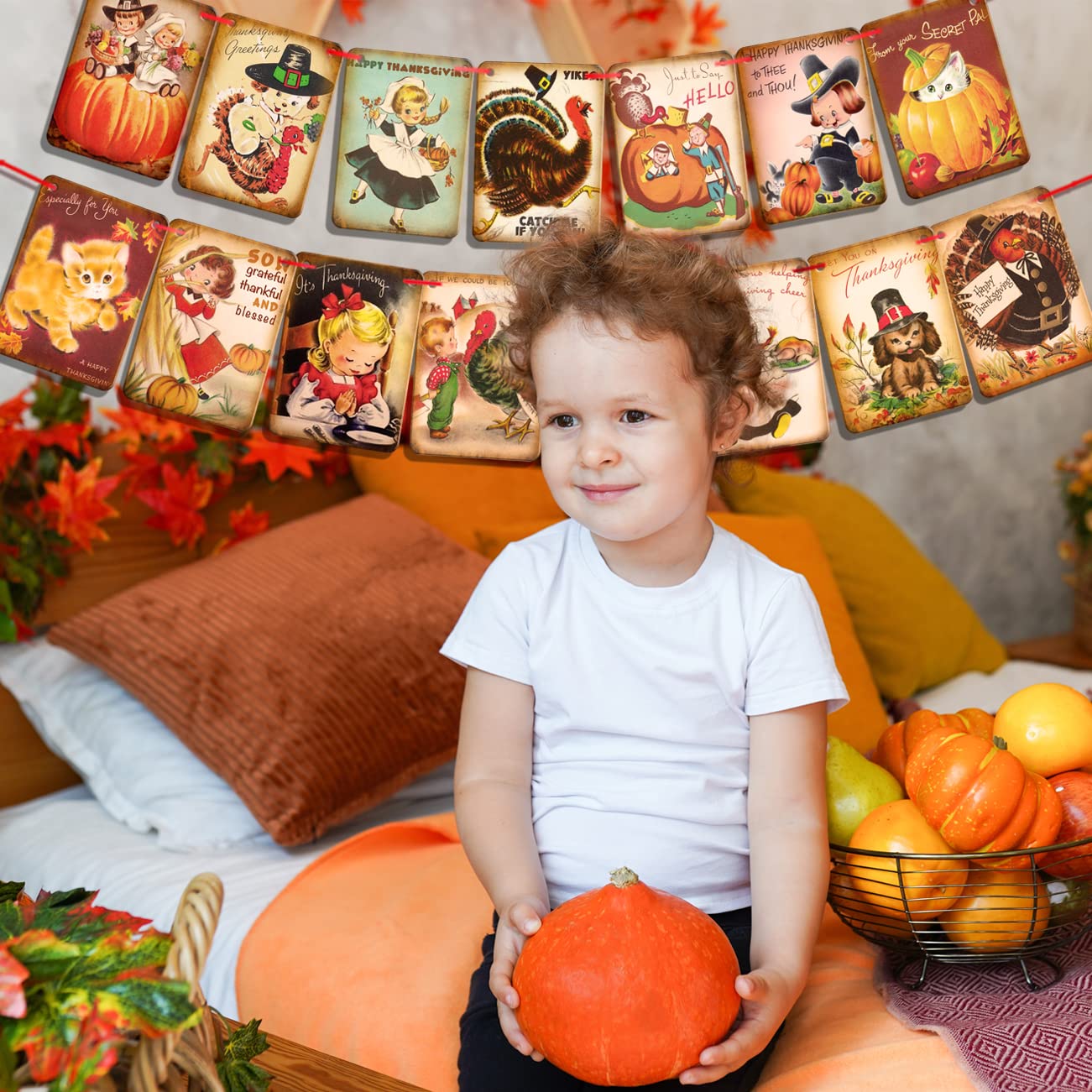 Thanksgiving Decorations Vintage Happy Thanksgiving Banner Turkey Pumpkin Garland Bunting Fall Harvest Banner for Thanksgiving Day Home Party Decor